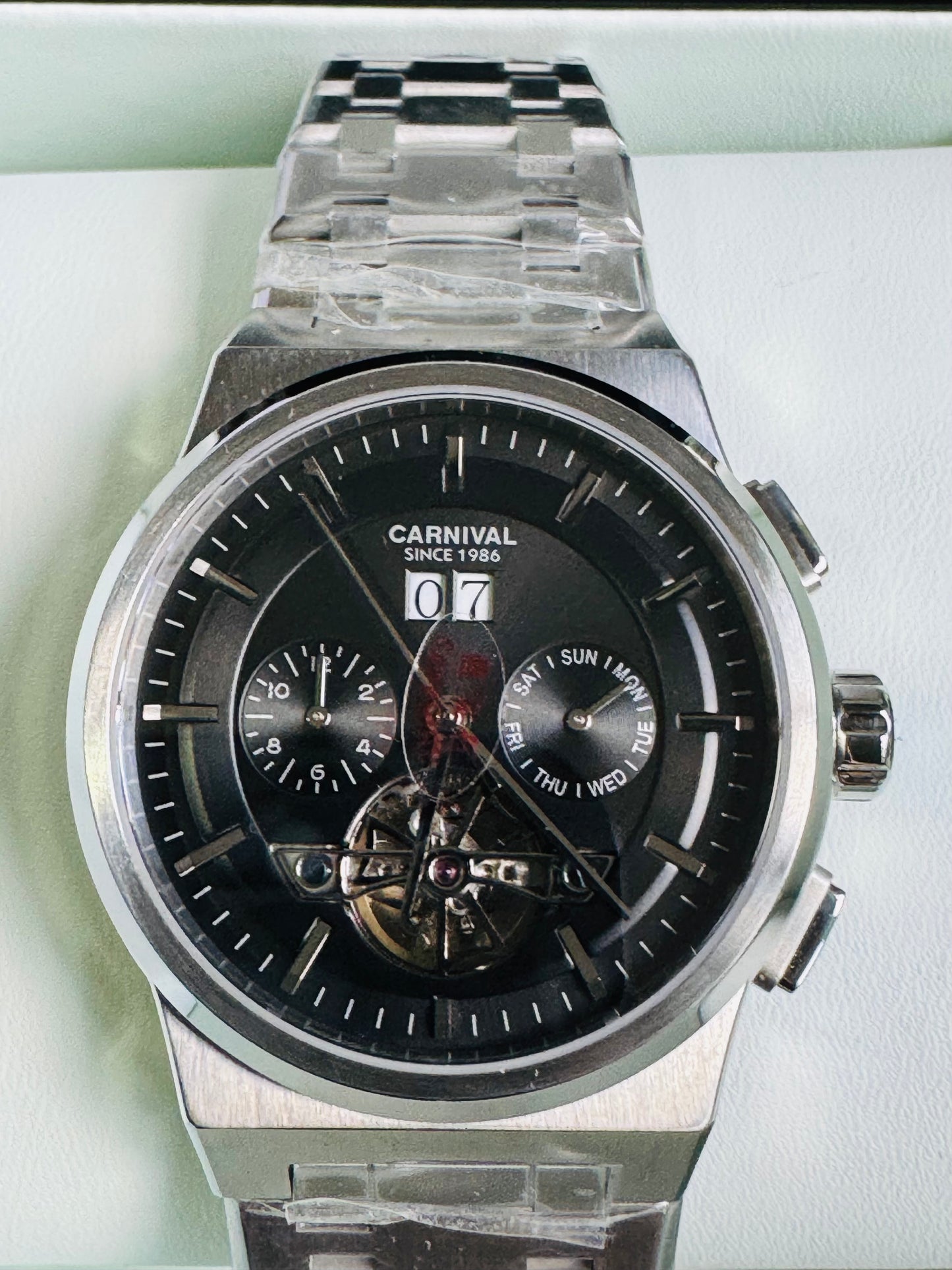 RELOJ I&W AUTOMATICO MECÁNICO-VENTANA TOURBILLON-CALENDARIO  MES-SEMANA-FECHADOR- HORAS PEQUEÑO DIAL JOYAS 💎 RESISTENTE AL AGUA- ALTA CALIDAD!!! 💯% ORIGINAL