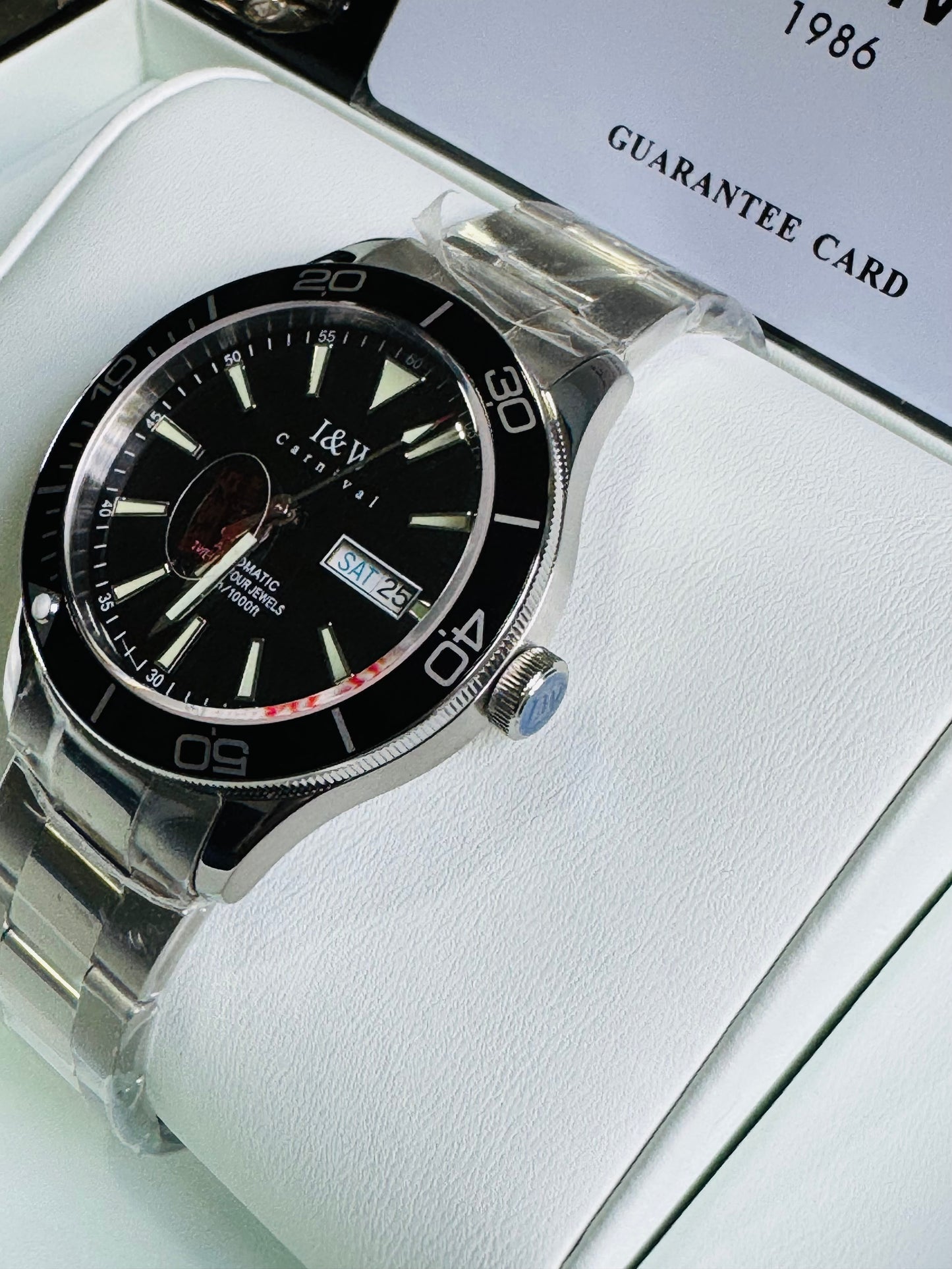 HERMOSO RELOJ AUTOMÁTICO MECÁNICO-BUCEO 1,000 FT-FECHADOR-DÍA SEMANA-CRISTAL ZAFIRO-24 JOYAS 💎-3 ATM -💯% ORIGINAL