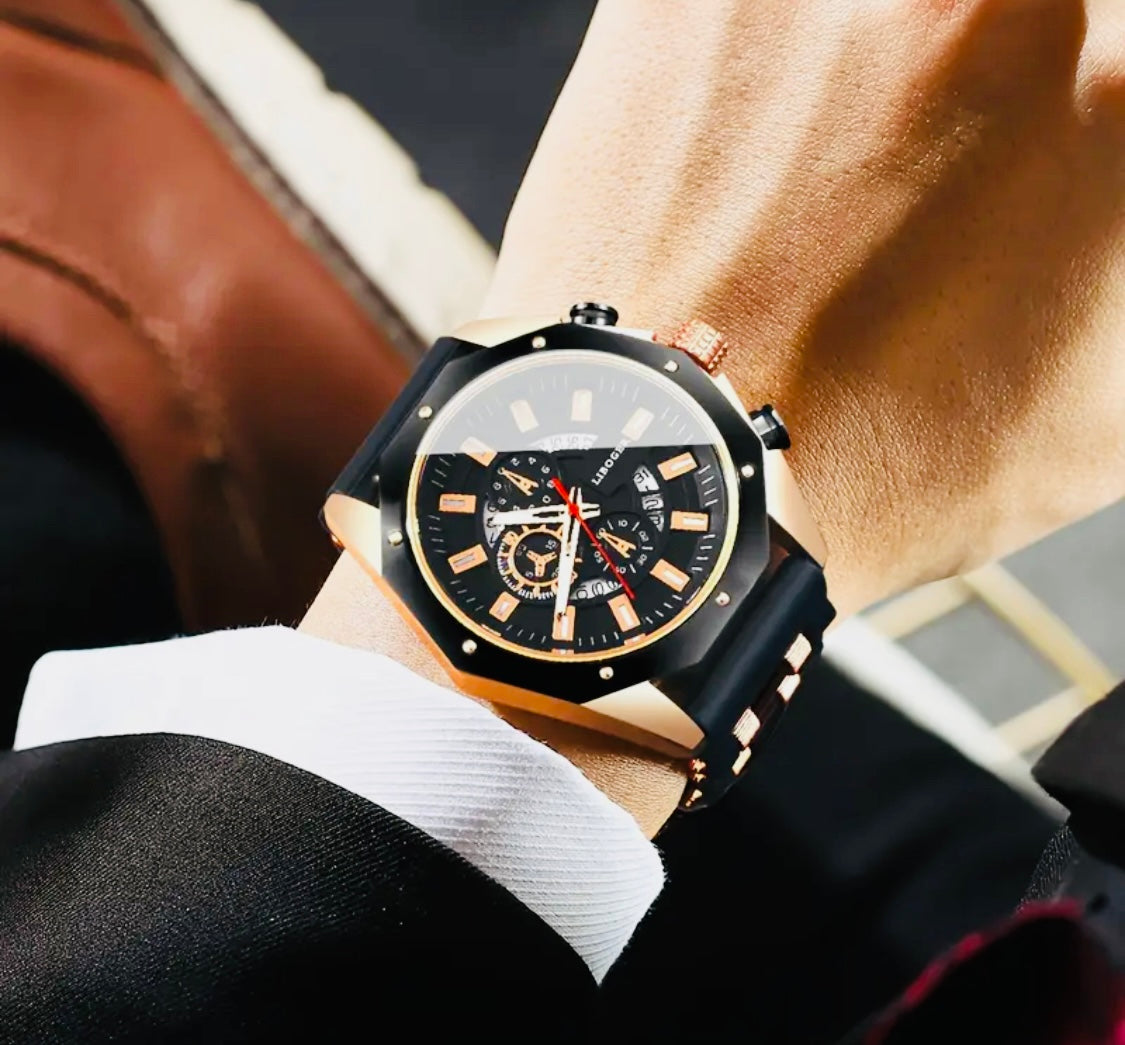 Reloj de Cuarzo LIGE para Hombre, Cronógrafo Multifuncional con Calendario, Pantalla Luminosa, Adorno Brillante, Caja de Aleación de Zinc, Correa de Silicona, Batería Incluida