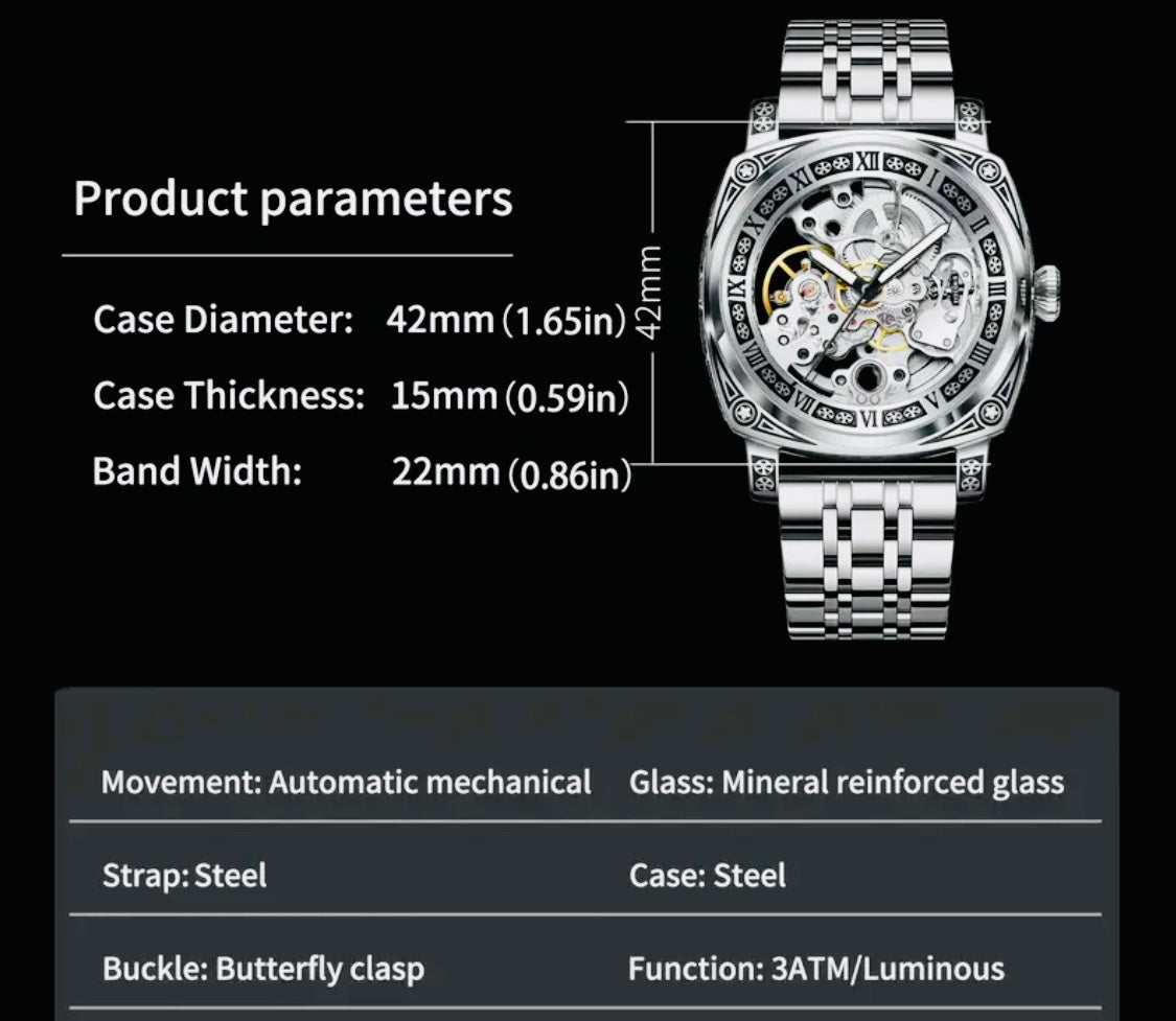 Hermoso Reloj Automático Mecánico Skeleton Grabado- Pulso de Acero Inoxidable-Impermeable Excelente Calidad! Maquinaria Corre muy Suave! 💯% Original