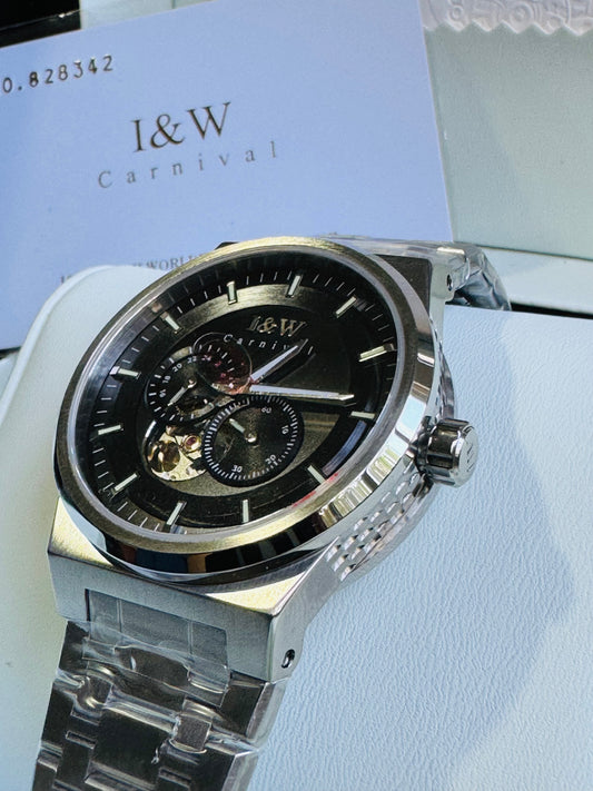 SOFISTICADO RELOJ AUTOMÁTICO I&W- CRISTAL ZAFIRO-LUMINOSO-PEQUEÑA VENTANA TOURBILLON-PEQUEÑOS DIALES SEGUNDERO Y 24 HRS. RESISTENTE AL AGUA- ALTA CALIDAD!!!