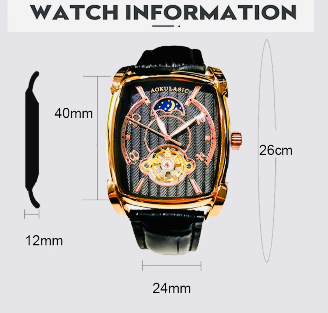 Elegante Reloj Automático Mecánico Tourbillon pulsera resistente al agua con mecanismo automático de movimiento, complemento mecánico Rectangular Carátula luminosa