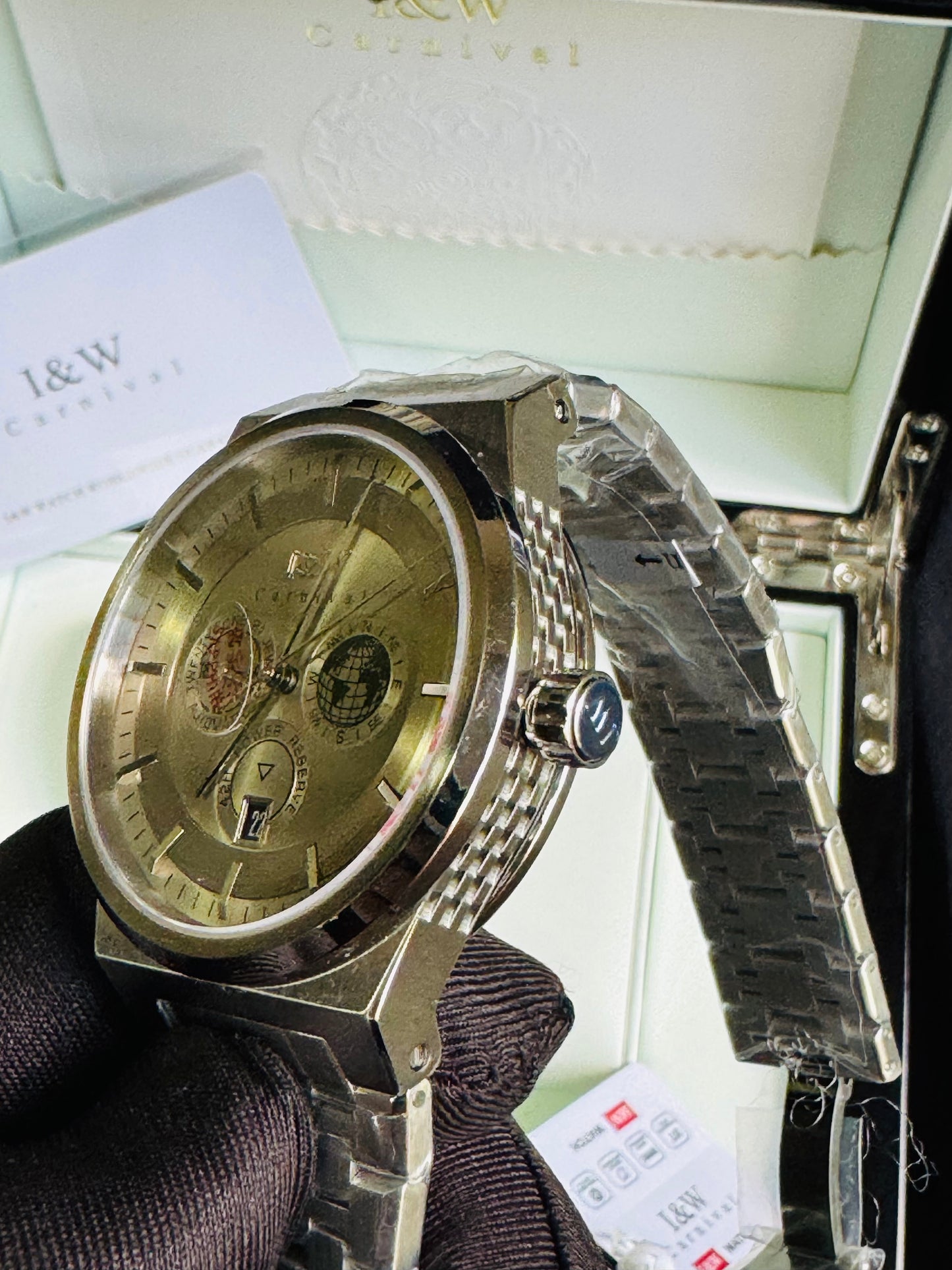 HERMOSO HE INTRINCADO DISEÑO!!!RELOJ I&W AUTOMATICO MECÁNICO-CALENDARIO -42 HORAS DE RESERVA DE CARGA-FECHADOR-DIAL 21 JOYAS 💎 RESISTENTE AL AGUA- ALTA CALIDAD!!! 💯% ORIGINAL
