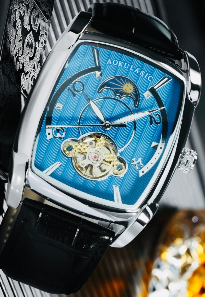 Elegante Reloj Automático Mecánico Tourbillon pulsera resistente al agua con mecanismo automático de movimiento, complemento mecánico Rectangular Carátula luminosa
