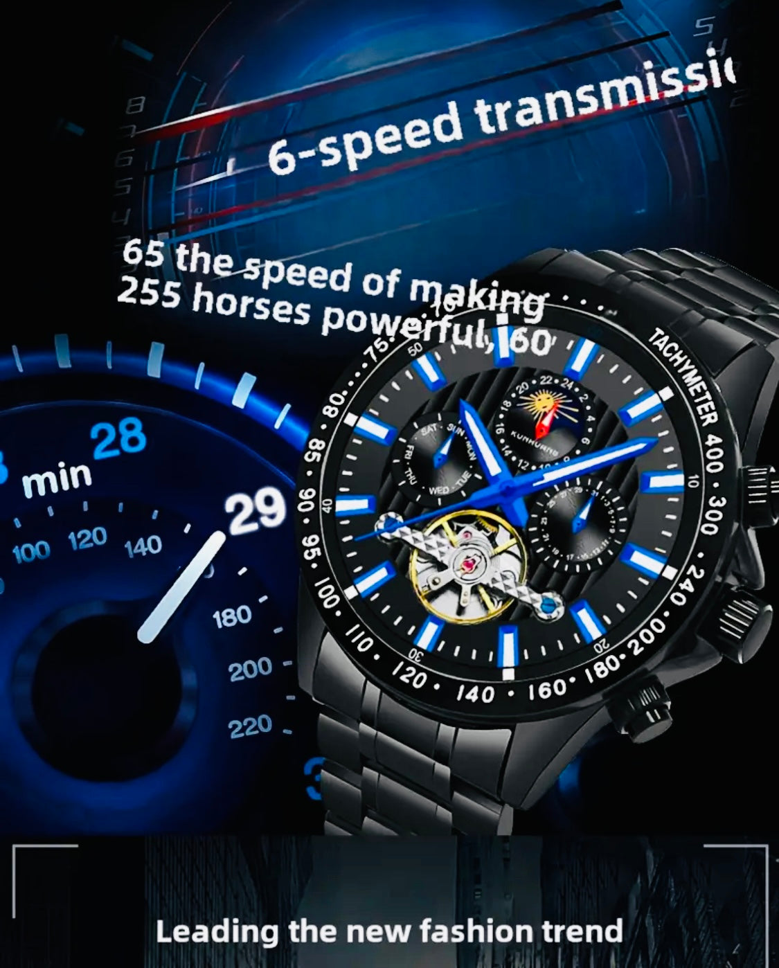 IMPACTANTE DISEÑO!!! RELOJ AUTOMÁTICO MECÁNICO MÚLTIPLES COMPLICACIONES!!! CALENDARIO-FECHADOR-DÍA DE LA SEMANA-50 METROS-DÍA DEL MES-LUMINOSO- DIAL DE VELOCIDAD-ETCÉTERA