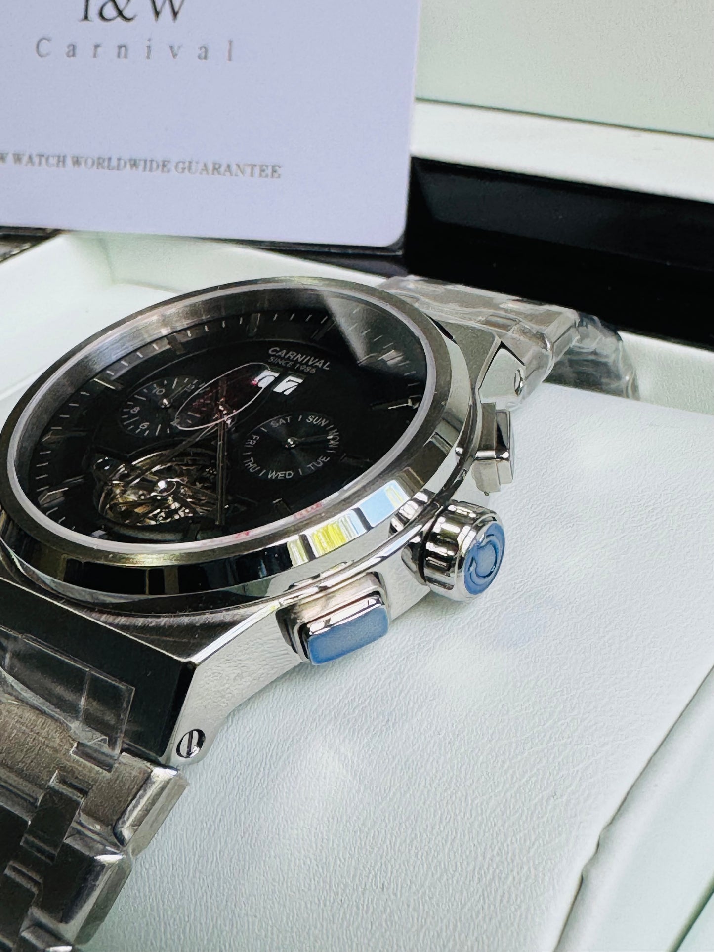 RELOJ I&W AUTOMATICO MECÁNICO-VENTANA TOURBILLON-CALENDARIO  MES-SEMANA-FECHADOR- HORAS PEQUEÑO DIAL JOYAS 💎 RESISTENTE AL AGUA- ALTA CALIDAD!!! 💯% ORIGINAL
