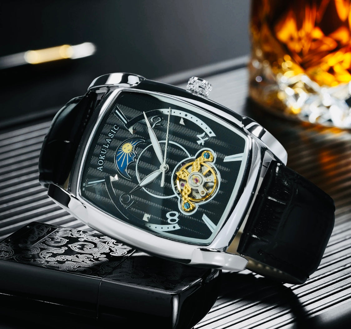 Elegante Reloj Automático Mecánico Tourbillon pulsera resistente al agua con mecanismo automático de movimiento, complemento mecánico Rectangular Carátula luminosa
