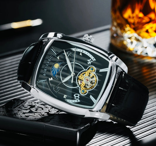 Elegante Reloj Automático Mecánico Tourbillon pulsera resistente al agua con mecanismo automático de movimiento, complemento mecánico Rectangular Carátula luminosa