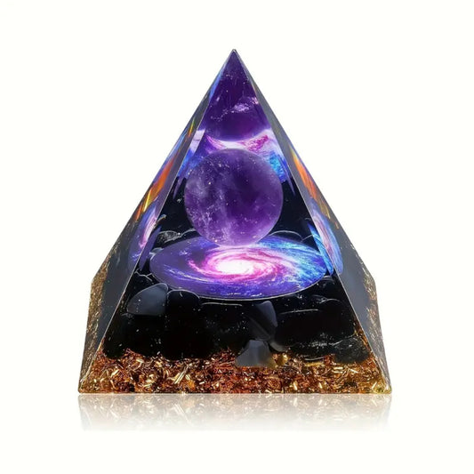 Pirámide de Cristal de Amatista con Base de Obsidiana - terapéutica - meditación- Yoga-Etc-Perfecta para Decoración del Hogar, Adorno de Escritorio e Ideal para Regalo de Cumpleaños, Navidad y Fiestas