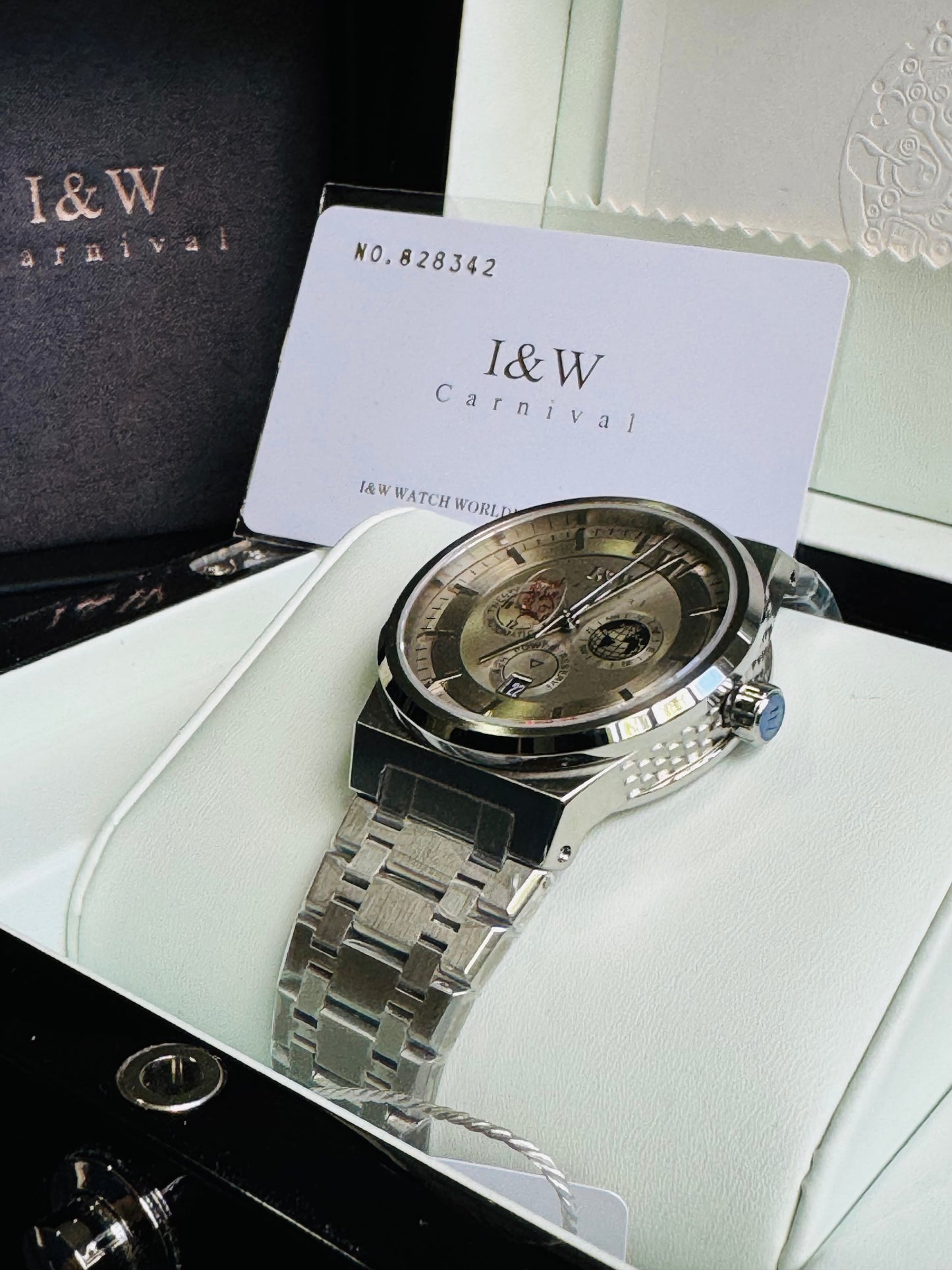 HERMOSO HE INTRINCADO DISEÑO!!!RELOJ I&W AUTOMATICO MECÁNICO-CALENDARIO -42 HORAS DE RESERVA DE CARGA-FECHADOR-DIAL 21 JOYAS 💎 RESISTENTE AL AGUA- ALTA CALIDAD!!! 💯% ORIGINAL
