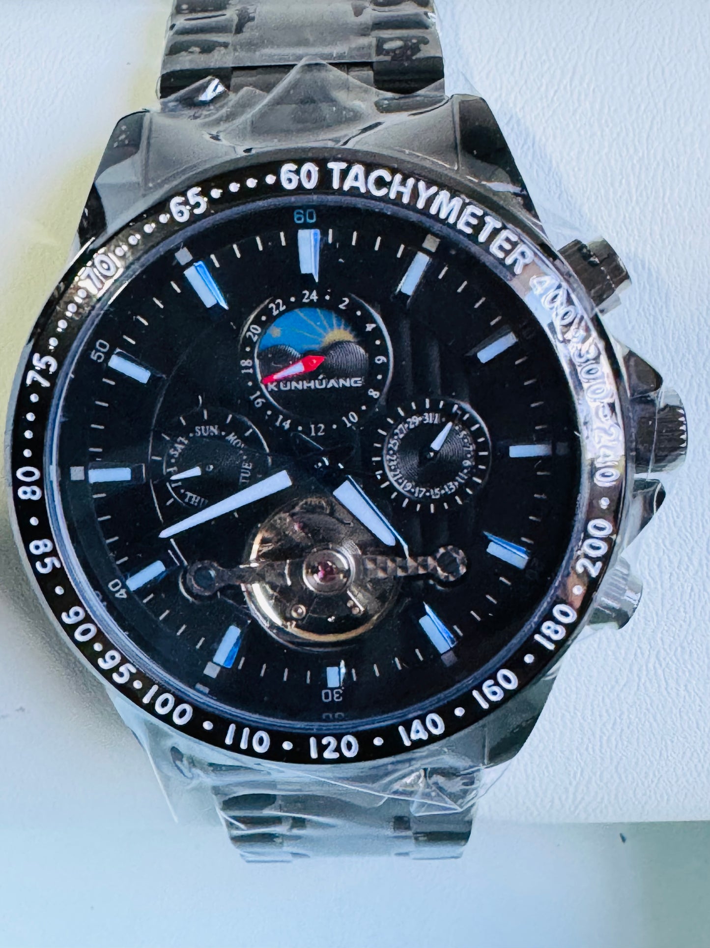 MULTINACIONAL RELOJ AUTOMÁTICO MECÁNICO-CALENDARIO 24 HRS LUNAR-TACÓMETRO-LUMINOSO-VENTANA TOURBILLON- DÍA DE LA SEMANA-CALENDARIO DIAL PEQUEÑO- ETC, ETC!