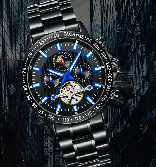 IMPACTANTE DISEÑO!!! RELOJ AUTOMÁTICO MECÁNICO MÚLTIPLES COMPLICACIONES!!! CALENDARIO-FECHADOR-DÍA DE LA SEMANA-50 METROS-DÍA DEL MES-LUMINOSO- DIAL DE VELOCIDAD-ETCÉTERA