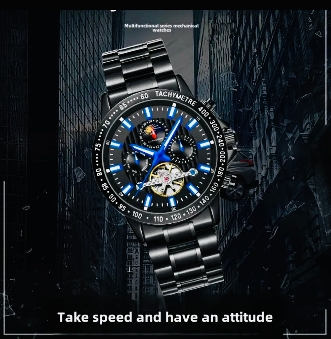IMPACTANTE DISEÑO!!! RELOJ AUTOMÁTICO MECÁNICO MÚLTIPLES COMPLICACIONES!!! CALENDARIO-FECHADOR-DÍA DE LA SEMANA-50 METROS-DÍA DEL MES-LUMINOSO- DIAL DE VELOCIDAD-ETCÉTERA