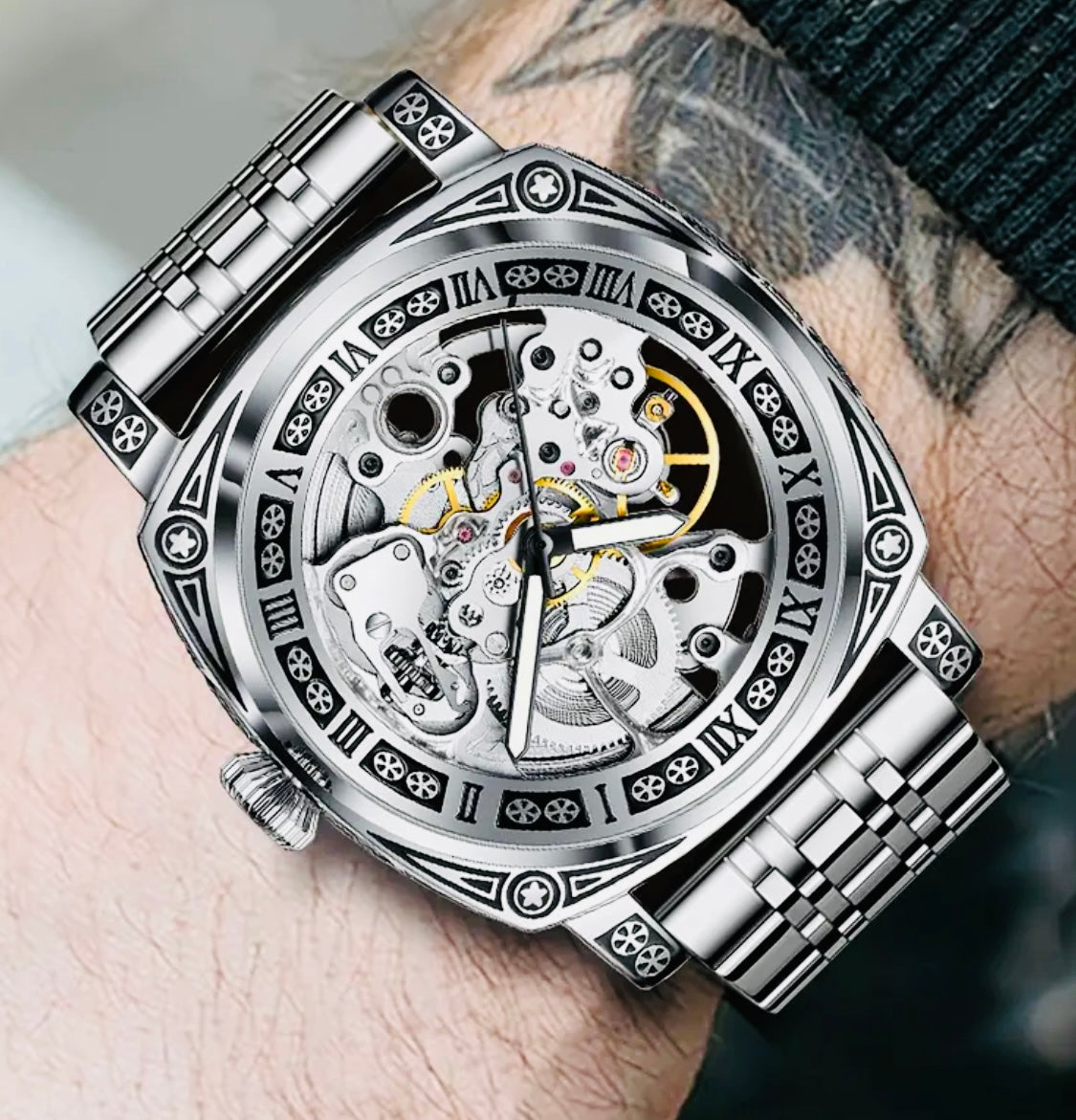 Hermoso Reloj Automático Mecánico Skeleton Grabado- Pulso de Acero Inoxidable-Impermeable Excelente Calidad! Maquinaria Corre muy Suave! 💯% Original