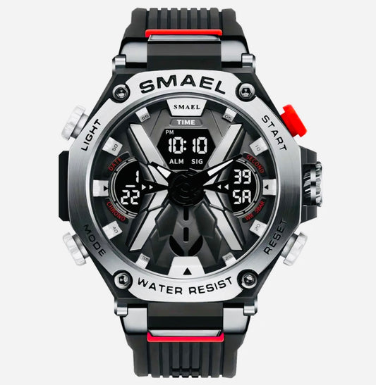 Reloj Deportivo Digital para Hombre con Movimiento de Doble Pantalla, Caja Redonda de Aleación, Correa de TPU, Alimentado por Batería, Conducción Electrónica, Impermeable 5ATM, Luz Nocturna y Botón de Luz, Reloj de Moda