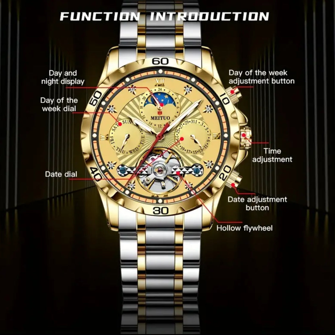 Elegante Y Sofisticado Reloj Automático Mecánico-Tourbillon -Multifuncional- Fechador-Display de Día y Noche-Día de la semana-Luminoso- Cristal Mineral Reforzado Antirrallones- Etcétera