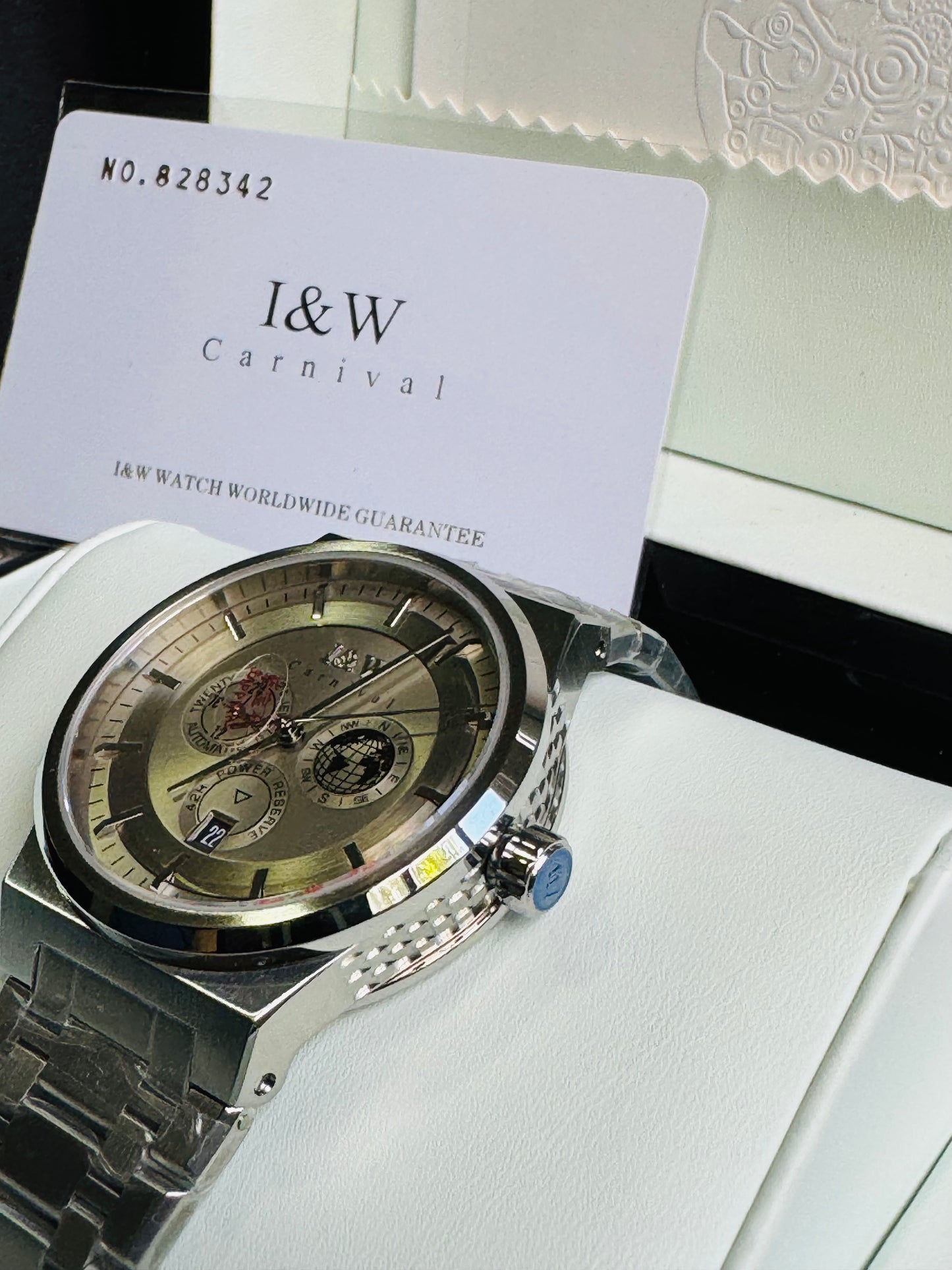 HERMOSO HE INTRINCADO DISEÑO!!!RELOJ I&W AUTOMATICO MECÁNICO-CALENDARIO -42 HORAS DE RESERVA DE CARGA-FECHADOR-DIAL 21 JOYAS 💎 RESISTENTE AL AGUA- ALTA CALIDAD!!! 💯% ORIGINAL