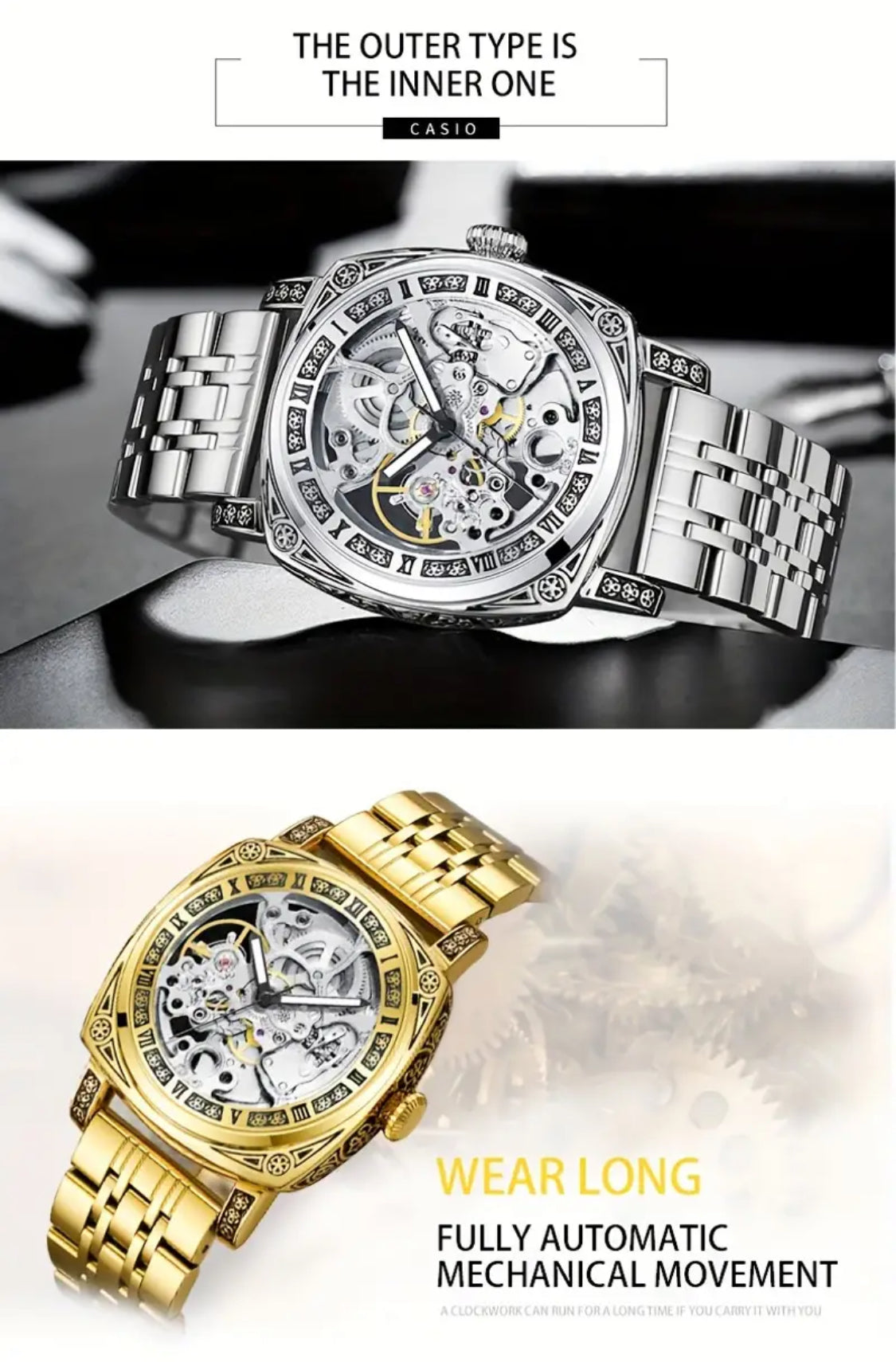 Intrincado Diseño Grabado Reloj Automático Mecánico Skeleton de Alta Calidad Exquisitos Acabados