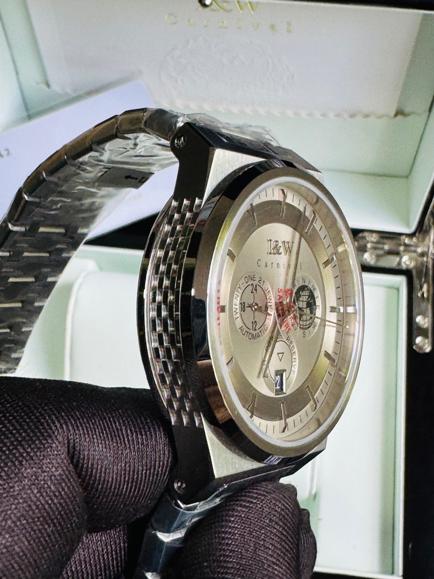 HERMOSO HE INTRINCADO DISEÑO!!!RELOJ I&W AUTOMATICO MECÁNICO-CALENDARIO -42 HORAS DE RESERVA DE CARGA-FECHADOR-DIAL 21 JOYAS 💎 RESISTENTE AL AGUA- ALTA CALIDAD!!! 💯% ORIGINAL