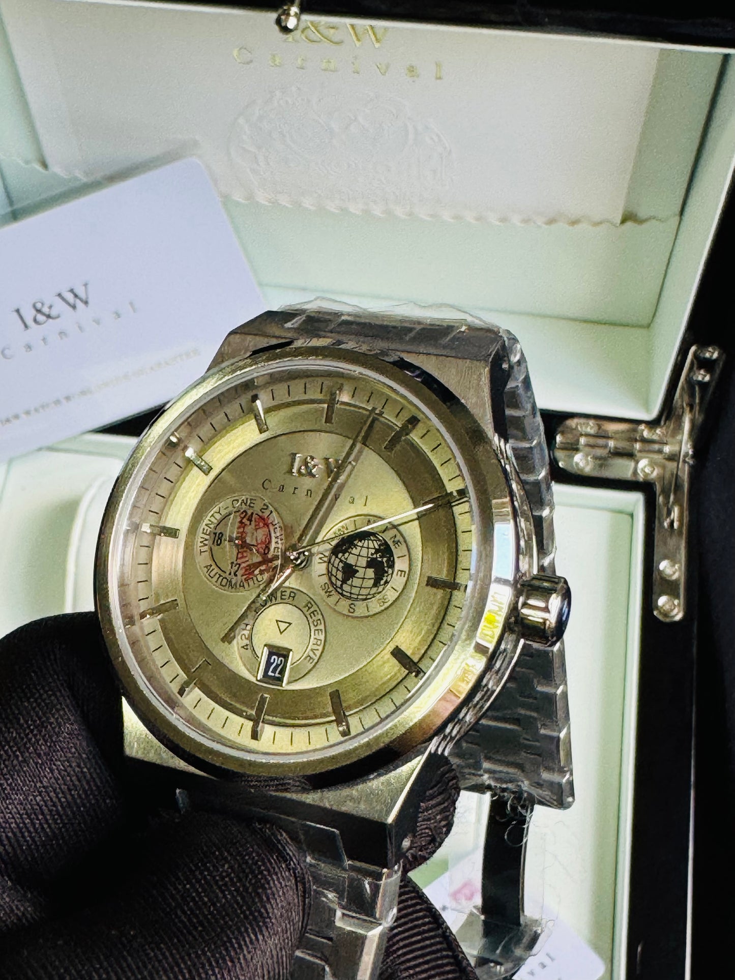 HERMOSO HE INTRINCADO DISEÑO!!!RELOJ I&W AUTOMATICO MECÁNICO-CALENDARIO -42 HORAS DE RESERVA DE CARGA-FECHADOR-DIAL 21 JOYAS 💎 RESISTENTE AL AGUA- ALTA CALIDAD!!! 💯% ORIGINAL