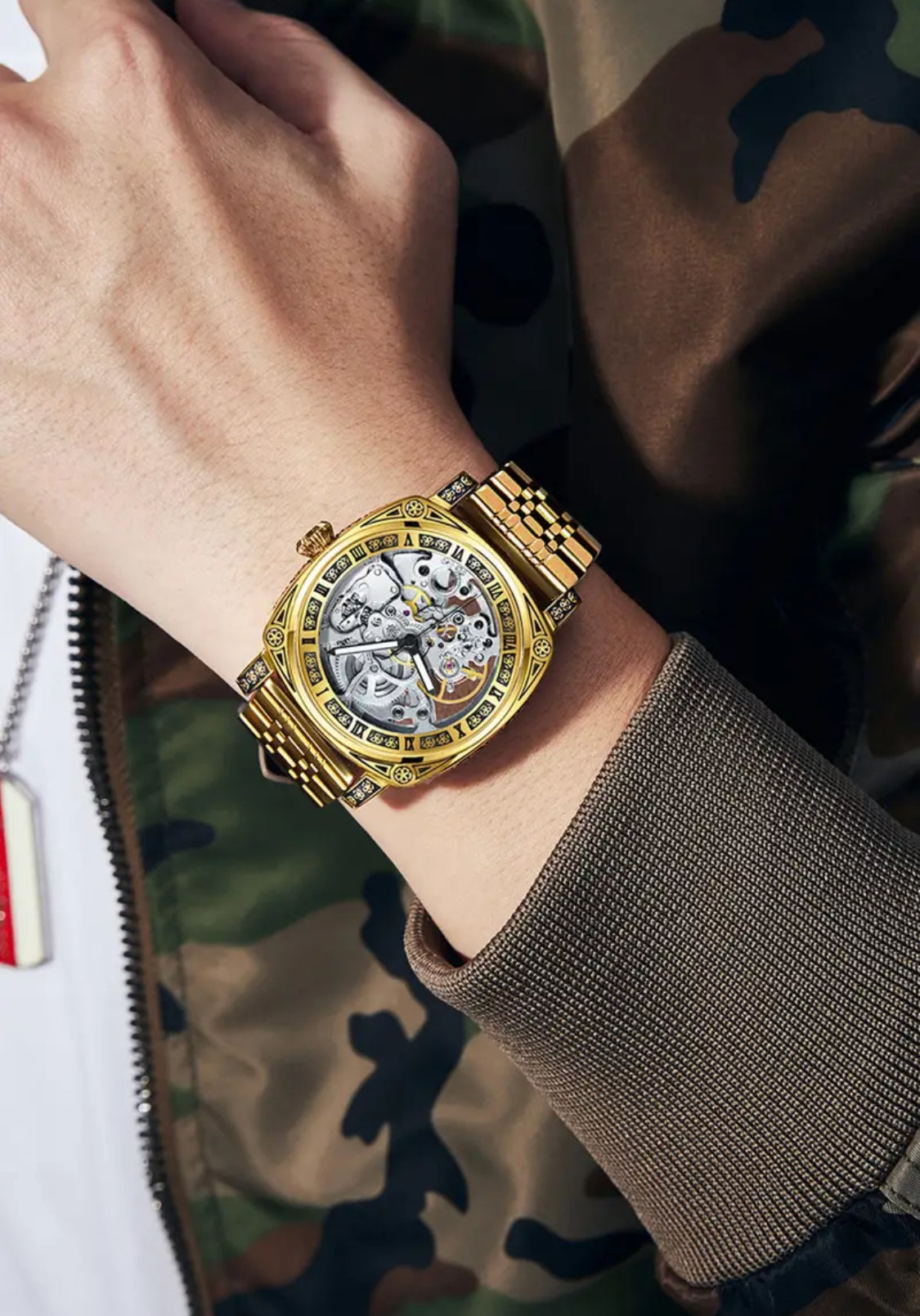 Intrincado Diseño Grabado Reloj Automático Mecánico Skeleton de Alta Calidad Exquisitos Acabados