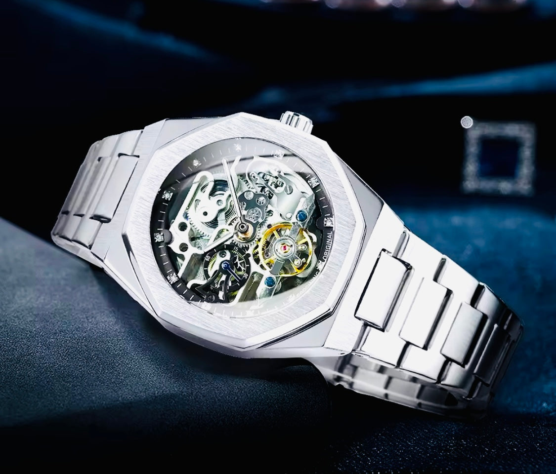 Exquisito Reloj Automático Mecánico Skeleton Tourbillon Octagonal Segundero Acero Inoxidable Alta Calidad Cierre de Mariposa Simplemente Refinado!