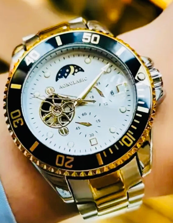 Reloj Mecánico Automático de Lujo para Hombre, Esfera Redonda, Correa de Acero Inoxidable, Resistente al Agua 30 m, Movimiento de Cuerda Automática, Caja de Aleación, Visualización de Puntero, Reloj de Pulsera de Marca Genial, Regalo Ideal de Cumpleaños!
