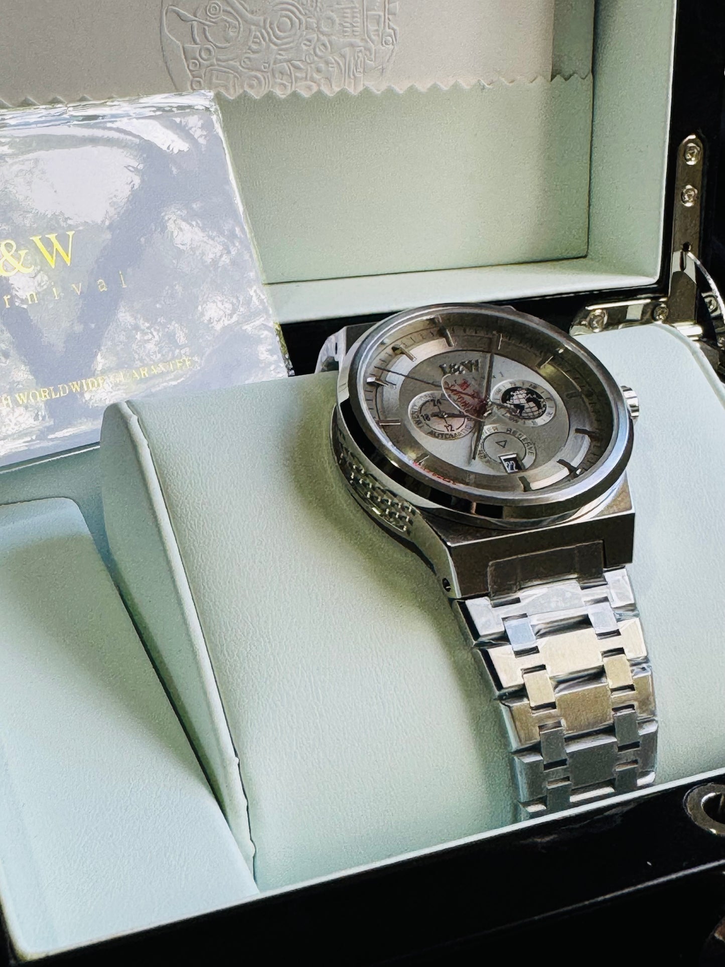 HERMOSO HE INTRINCADO DISEÑO!!!RELOJ I&W AUTOMATICO MECÁNICO-CALENDARIO -42 HORAS DE RESERVA DE CARGA-FECHADOR-DIAL 21 JOYAS 💎 RESISTENTE AL AGUA- ALTA CALIDAD!!! 💯% ORIGINAL