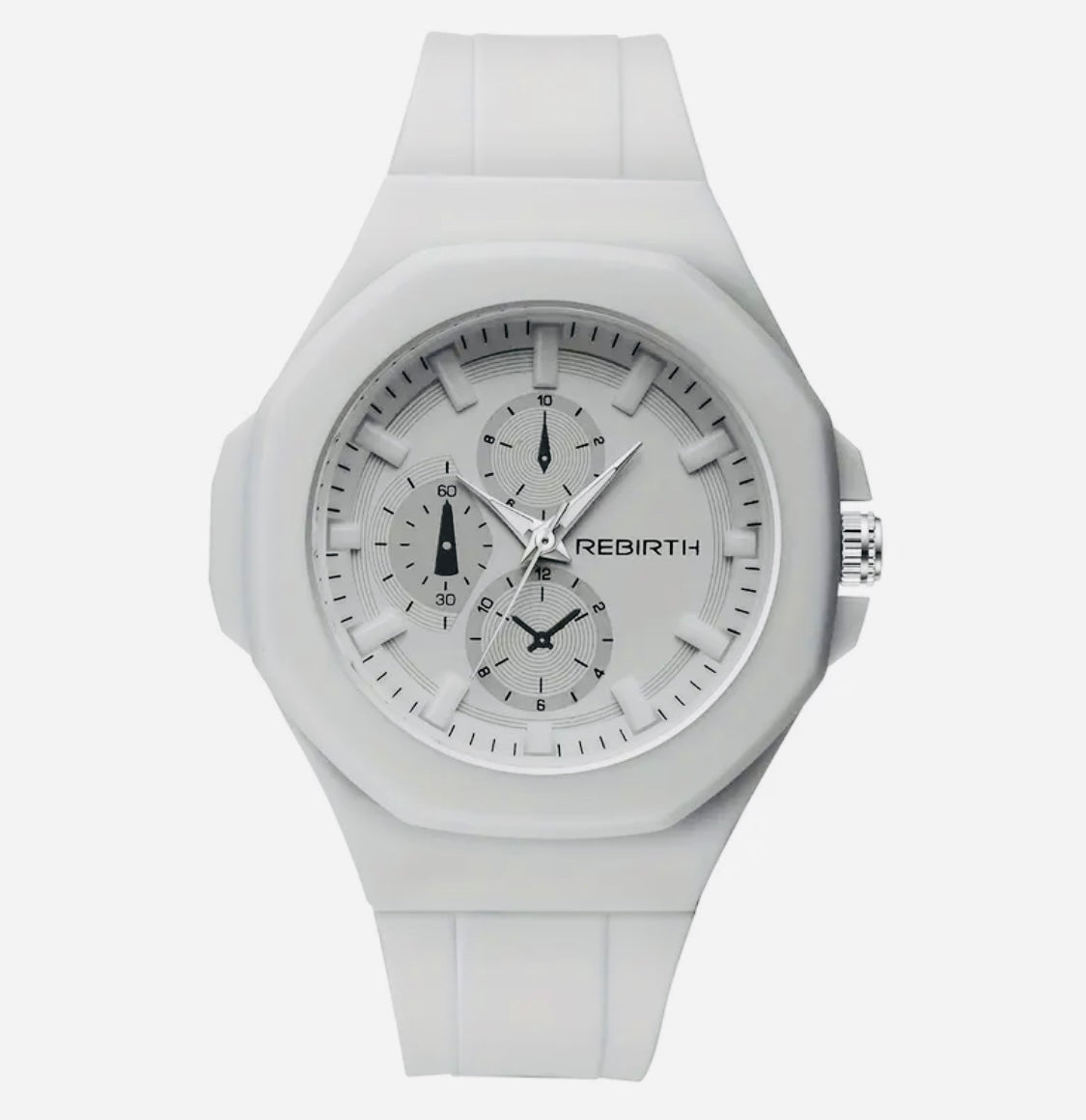 1 pza. Reloj casual para hombre REBIRTH con correa de silicón, carátula redonda, no resistente al agua, pantalla analógica, caja de plástico, movimiento de cuarzo, accionamiento electrónico - Regalo de Navidad