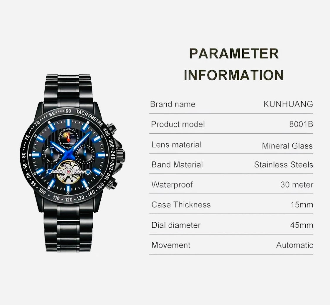 IMPACTANTE DISEÑO!!! RELOJ AUTOMÁTICO MECÁNICO MÚLTIPLES COMPLICACIONES!!! CALENDARIO-FECHADOR-DÍA DE LA SEMANA-50 METROS-DÍA DEL MES-LUMINOSO- DIAL DE VELOCIDAD-ETCÉTERA