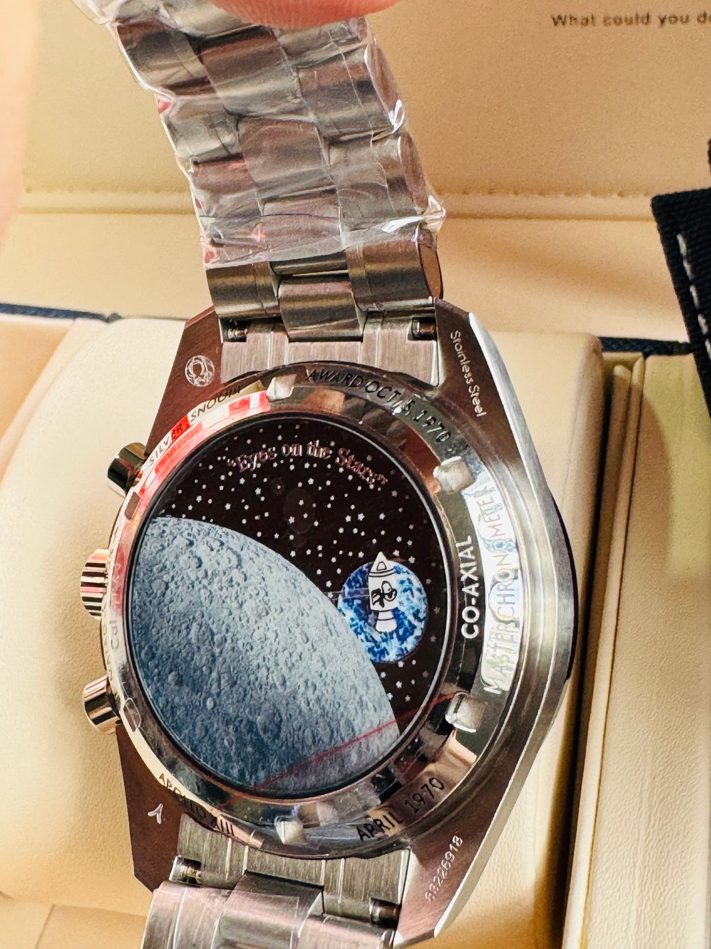 MÁXIMO LUJO!!! ESPECTACULAR DISEÑO OMEGA APOLLO XIlI- AUTOMÁTICO MECÁNICO-SPEED MASTER-PROFESSIONAL-EYES ON THE STARS- ORIGINAL MOVIMIENTO MECÁNICO TIERRA Y CÁPSULA ESPACIAL SNOOPY APOLLO XIII