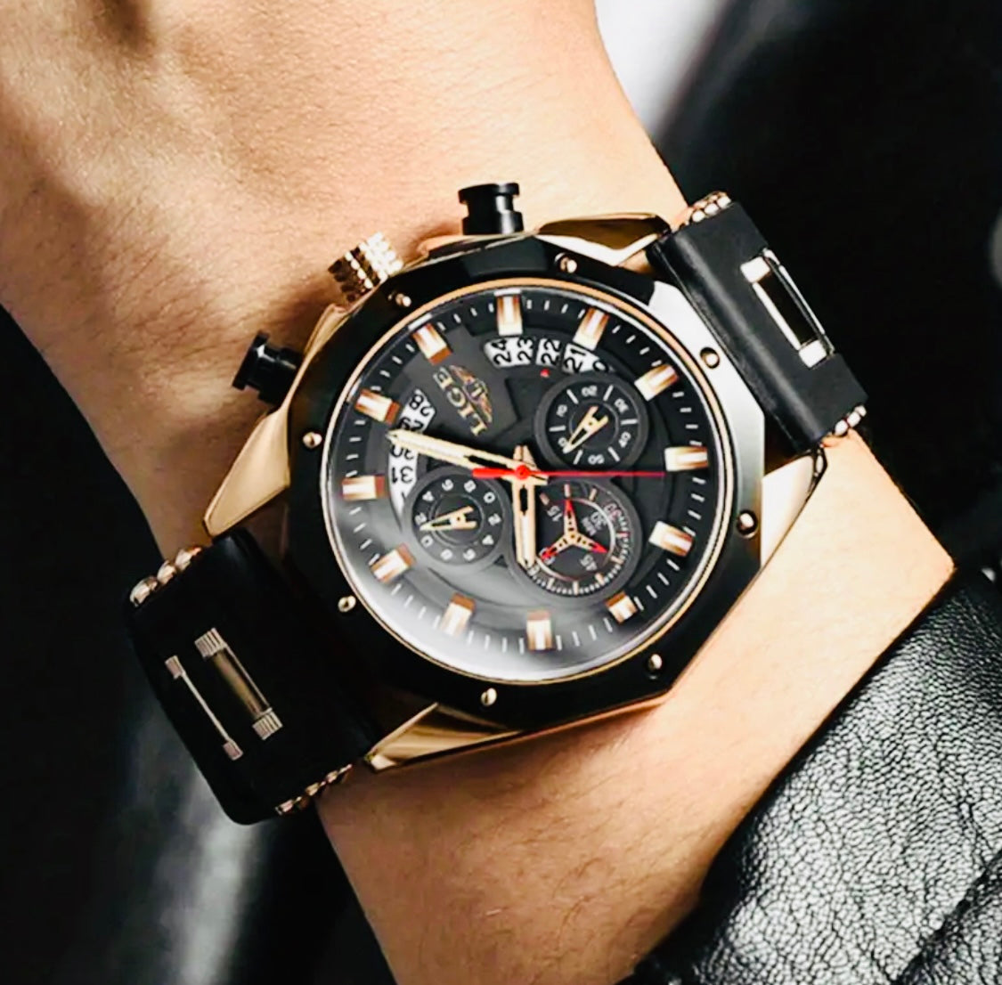 Reloj de Cuarzo LIGE para Hombre, Cronógrafo Multifuncional con Calendario, Pantalla Luminosa, Adorno Brillante, Caja de Aleación de Zinc, Correa de Silicona, Batería Incluida