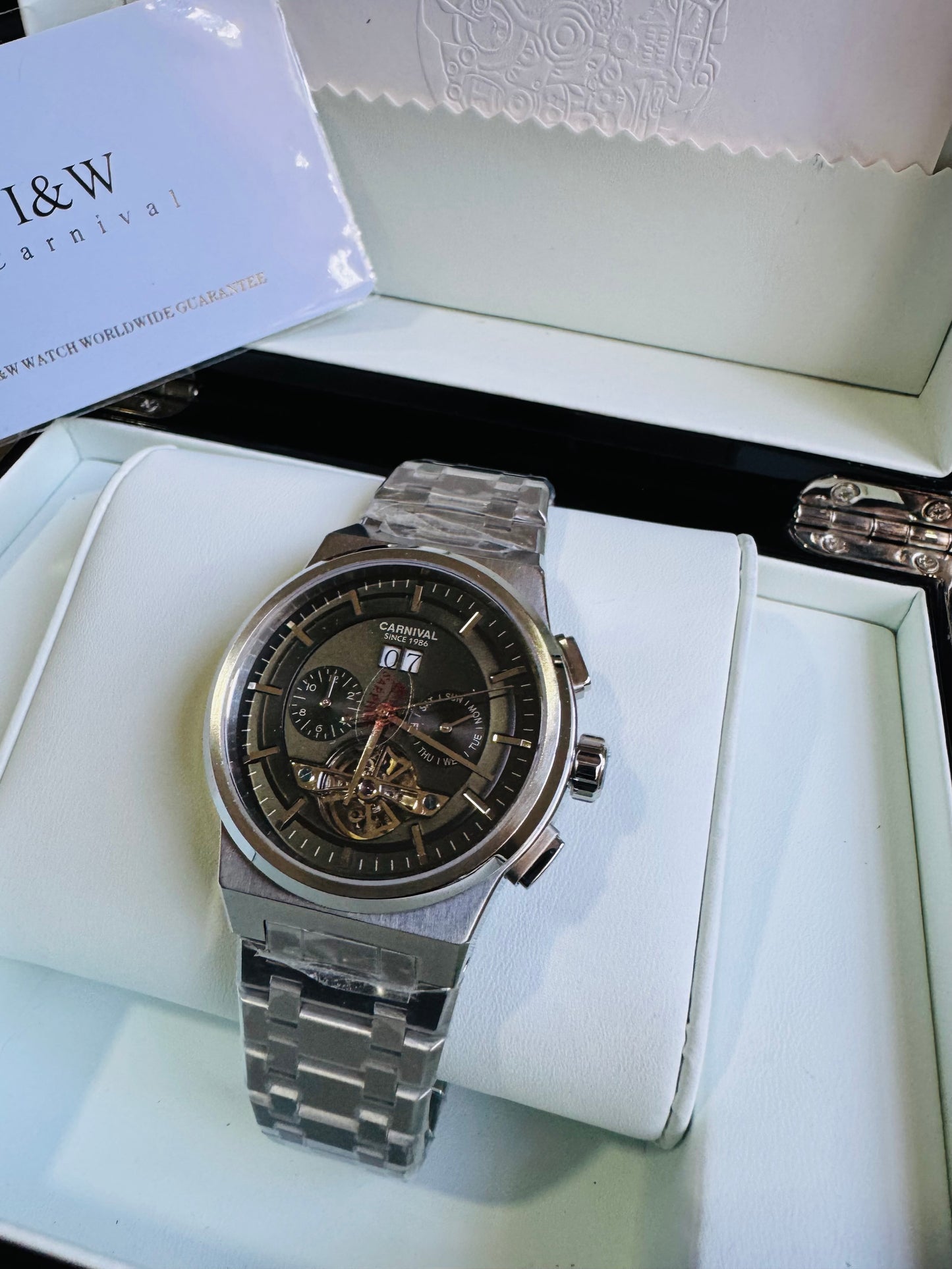 RELOJ I&W AUTOMATICO MECÁNICO-VENTANA TOURBILLON-CALENDARIO  MES-SEMANA-FECHADOR- HORAS PEQUEÑO DIAL JOYAS 💎 RESISTENTE AL AGUA- ALTA CALIDAD!!! 💯% ORIGINAL