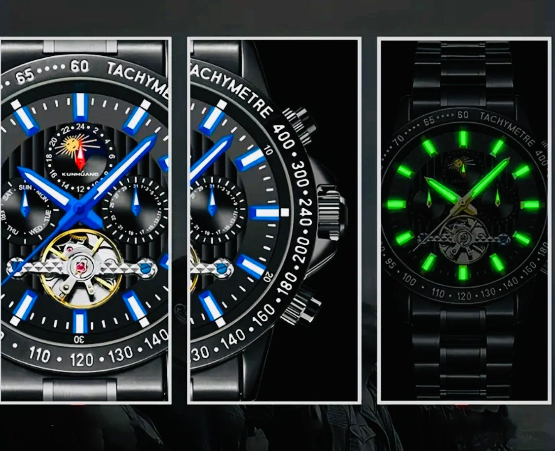 IMPACTANTE DISEÑO!!! RELOJ AUTOMÁTICO MECÁNICO MÚLTIPLES COMPLICACIONES!!! CALENDARIO-FECHADOR-DÍA DE LA SEMANA-50 METROS-DÍA DEL MES-LUMINOSO- DIAL DE VELOCIDAD-ETCÉTERA