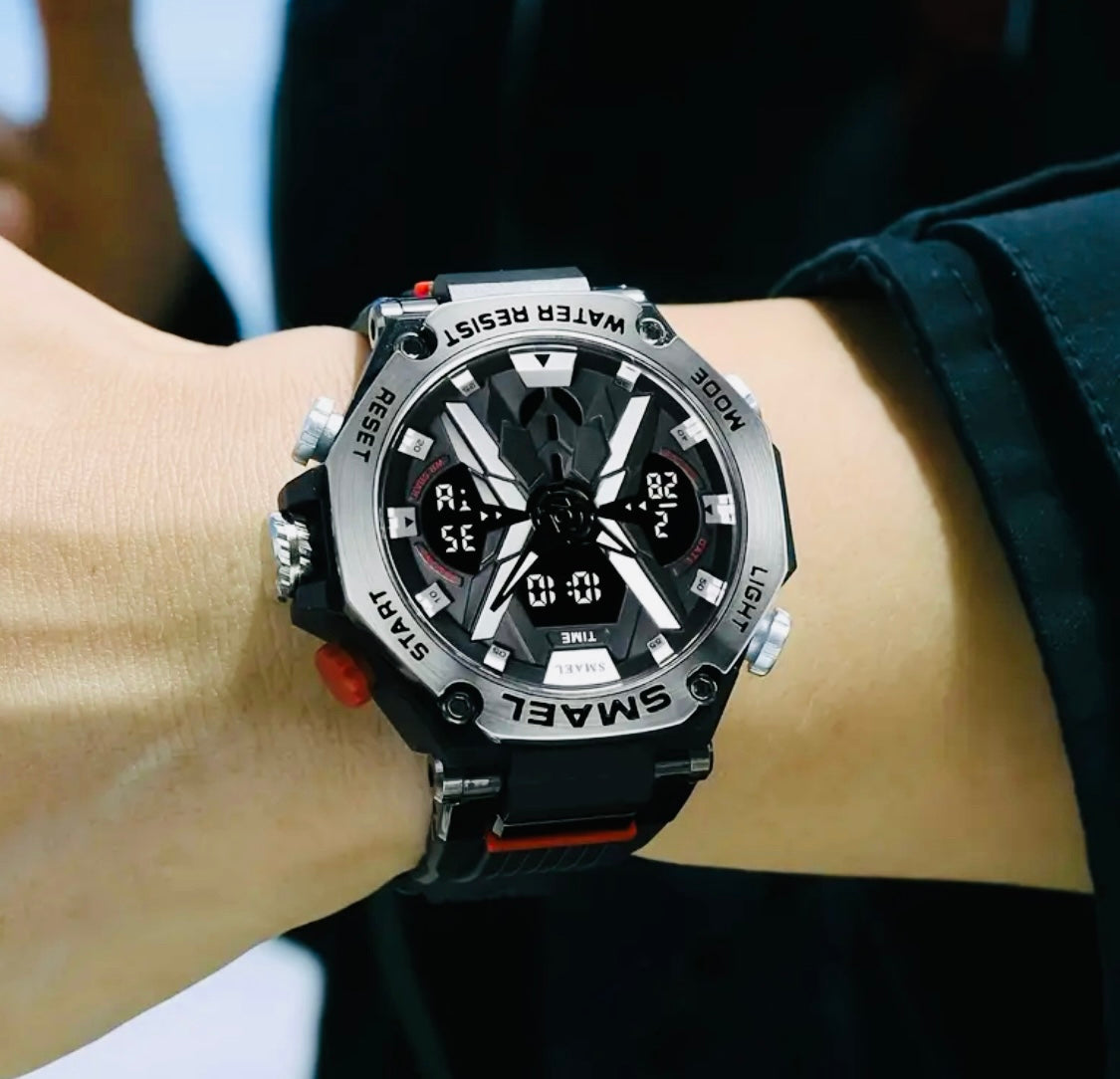 Reloj Deportivo Digital para Hombre con Movimiento de Doble Pantalla, Caja Redonda de Aleación, Correa de TPU, Alimentado por Batería, Conducción Electrónica, Impermeable 5ATM, Luz Nocturna y Botón de Luz, Reloj de Moda