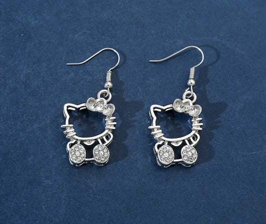 Sanrio Hello Kitty 1 Par de Pendientes de Aleación de Zinc Gris con Incrustaciones de Rhinestones, Pendientes de Oído Hueco de Gato de Metal, Accesorios de Joyería Kawaii Ideales para Regalo 🎁