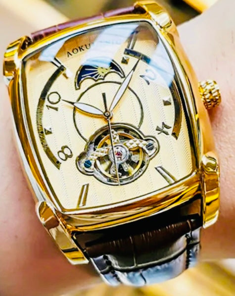 Elegante Reloj Automático Mecánico Tourbillon pulsera resistente al agua con mecanismo automático de movimiento, complemento mecánico Rectangular Carátula luminosa