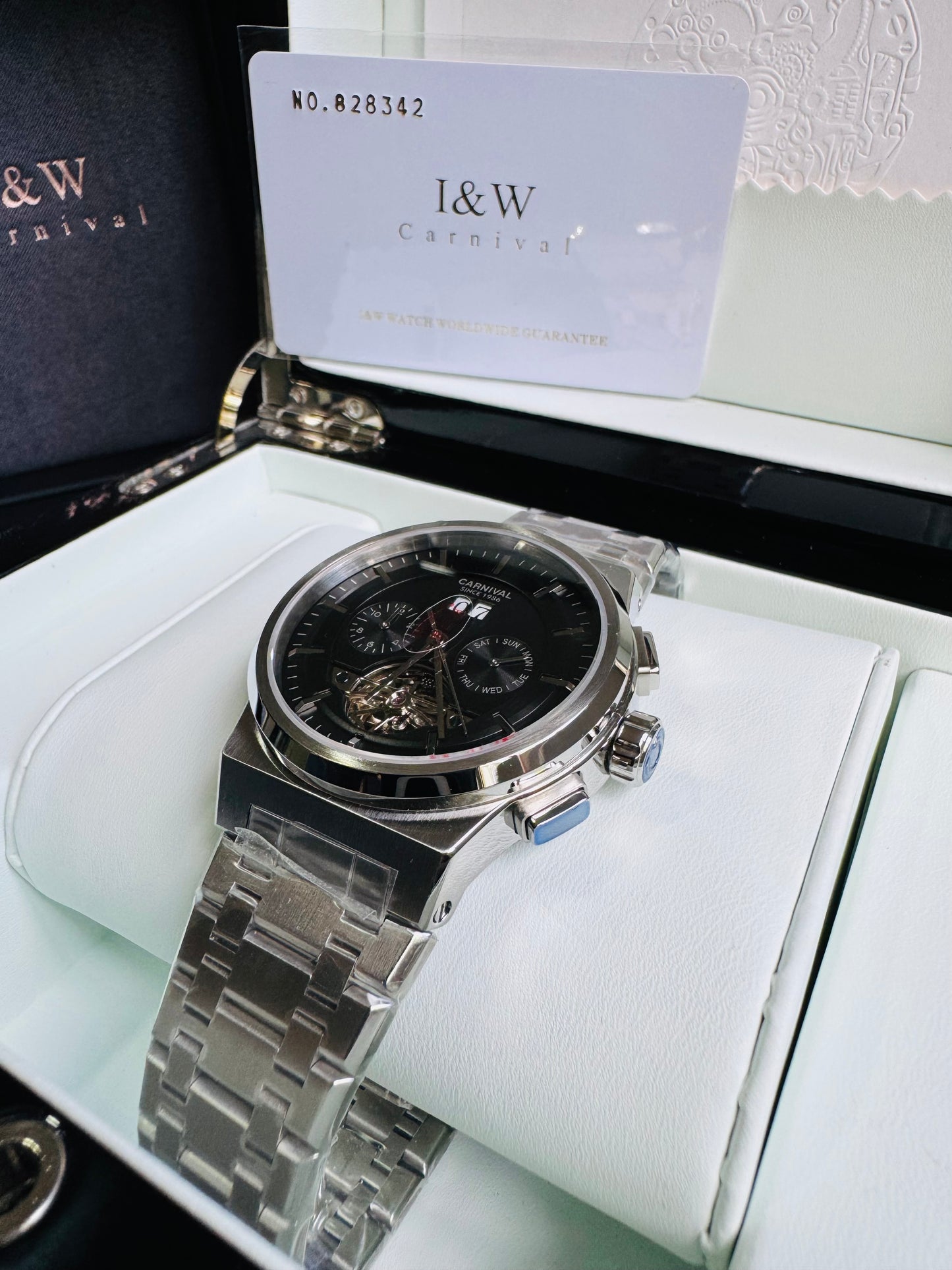 RELOJ I&W AUTOMATICO MECÁNICO-VENTANA TOURBILLON-CALENDARIO  MES-SEMANA-FECHADOR- HORAS PEQUEÑO DIAL JOYAS 💎 RESISTENTE AL AGUA- ALTA CALIDAD!!! 💯% ORIGINAL