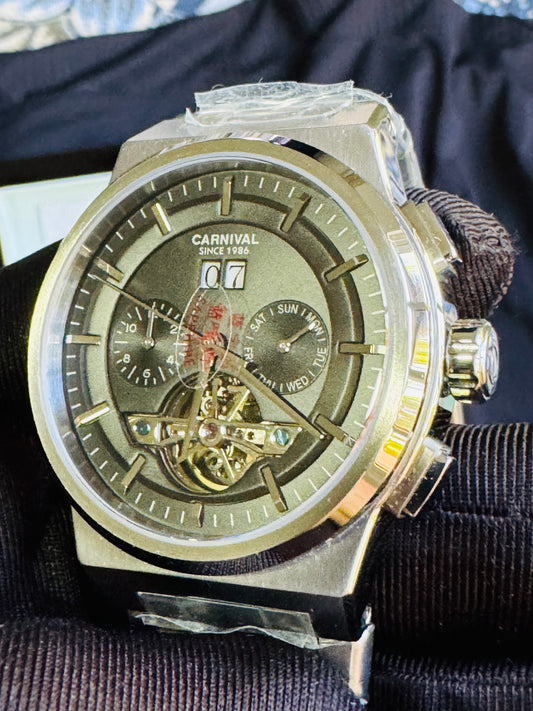 IMPRESIONANTE RELOJ I&W AUTOMATICO MECÁNICO-VENTANA TOURBILLON-CALENDARIO  MES-SEMANA-FECHADOR- HORAS PEQUEÑO DIAL JOYAS 💎 RESISTENTE AL AGUA- ALTA CALIDAD!!! 💯% ORIGINAL
