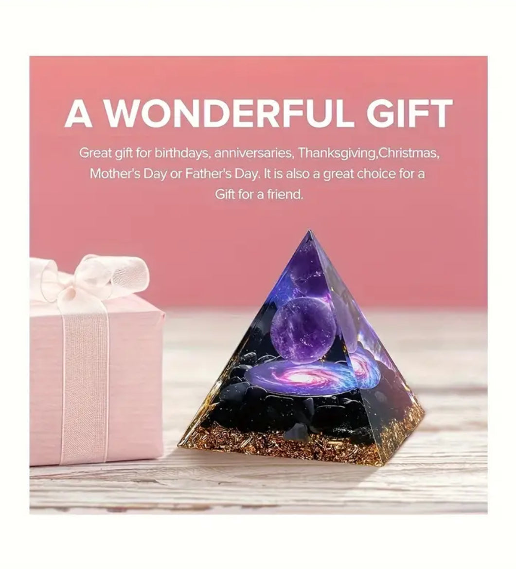 Pirámide de Cristal de Amatista con Base de Obsidiana - terapéutica - meditación- Yoga-Etc-Perfecta para Decoración del Hogar, Adorno de Escritorio e Ideal para Regalo de Cumpleaños, Navidad y Fiestas