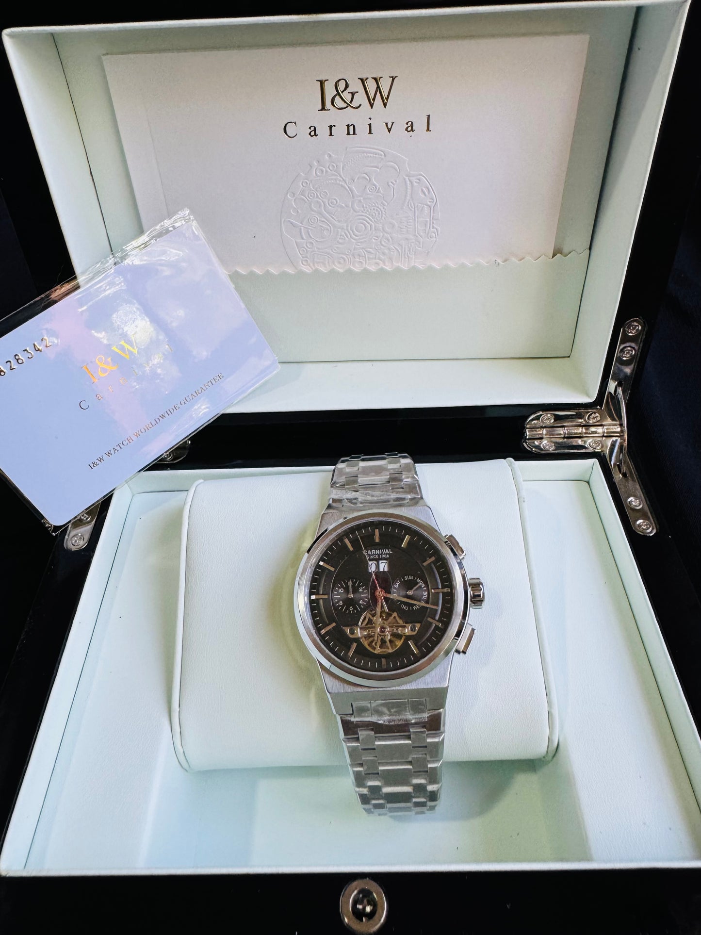 RELOJ I&W AUTOMATICO MECÁNICO-VENTANA TOURBILLON-CALENDARIO  MES-SEMANA-FECHADOR- HORAS PEQUEÑO DIAL JOYAS 💎 RESISTENTE AL AGUA- ALTA CALIDAD!!! 💯% ORIGINAL