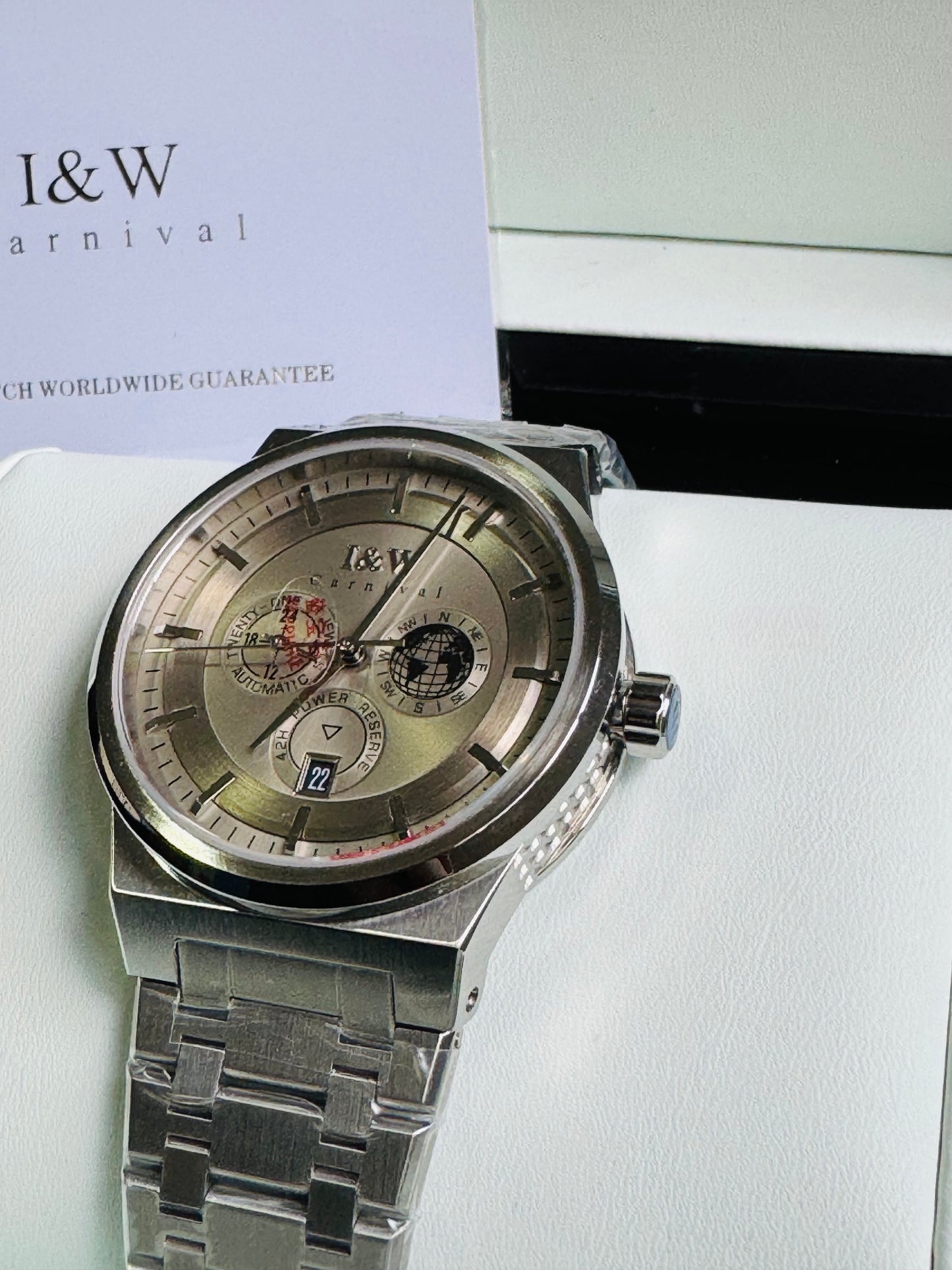 HERMOSO HE INTRINCADO DISEÑO!!!RELOJ I&W AUTOMATICO MECÁNICO-CALENDARIO -42 HORAS DE RESERVA DE CARGA-FECHADOR-DIAL 21 JOYAS 💎 RESISTENTE AL AGUA- ALTA CALIDAD!!! 💯% ORIGINAL