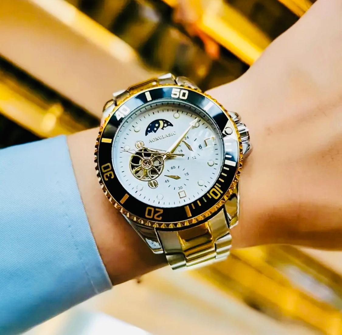 Reloj Mecánico Automático de Lujo para Hombre, Esfera Redonda, Correa de Acero Inoxidable, Resistente al Agua 30 m, Movimiento de Cuerda Automática, Caja de Aleación, Visualización de Puntero, Reloj de Pulsera de Marca Genial, Regalo Ideal de Cumpleaños!