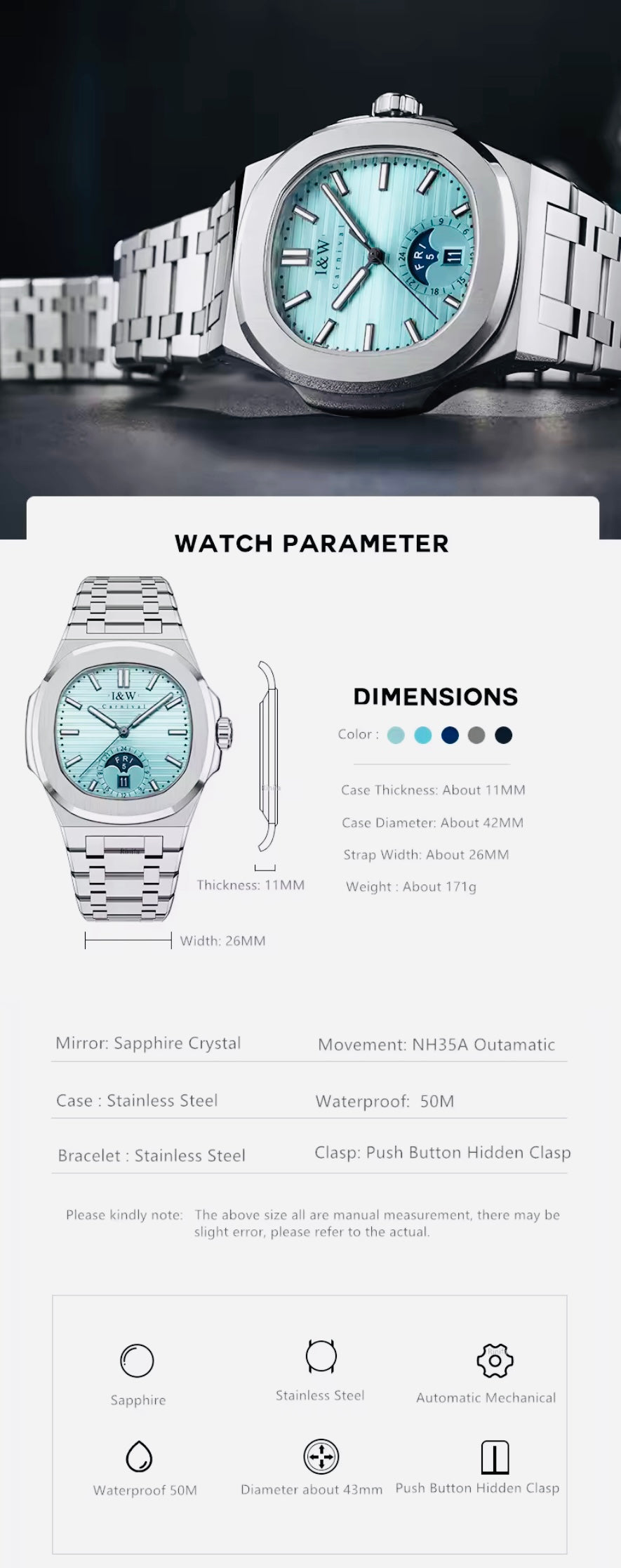 IMPRESIONANTE RELOJ AUTOMÁTICO I&W MÁXIMA CALIDAD Y ESPECTACULAR DISEÑO-CRISTAL ZAFIRO-FECHADOR-SEMANARIO-50 METROS 💦 LUMINOSO-ETC