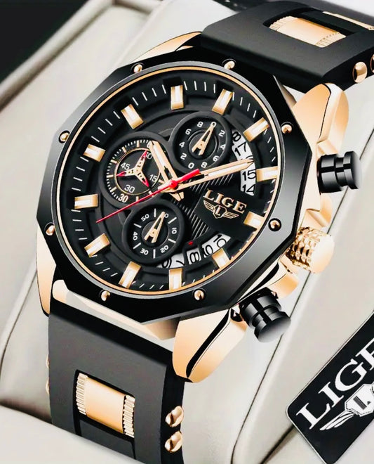 Reloj de Cuarzo LIGE para Hombre, Cronógrafo Multifuncional con Calendario, Pantalla Luminosa, Adorno Brillante, Caja de Aleación de Zinc, Correa de Silicona, Batería Incluida