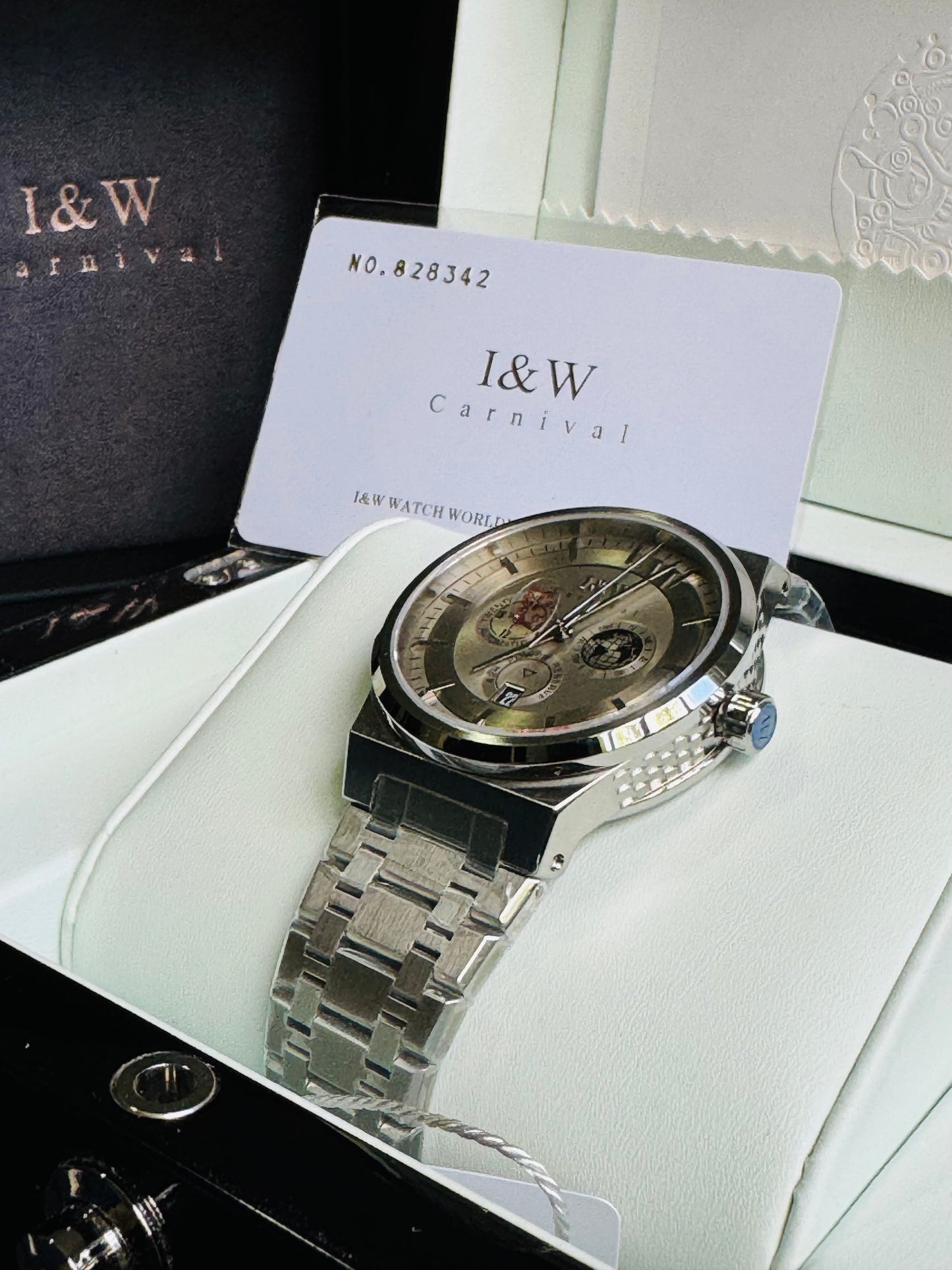 HERMOSO HE INTRINCADO DISEÑO!!!RELOJ I&W AUTOMATICO MECÁNICO-CALENDARIO -42 HORAS DE RESERVA DE CARGA-FECHADOR-DIAL 21 JOYAS 💎 RESISTENTE AL AGUA- ALTA CALIDAD!!! 💯% ORIGINAL