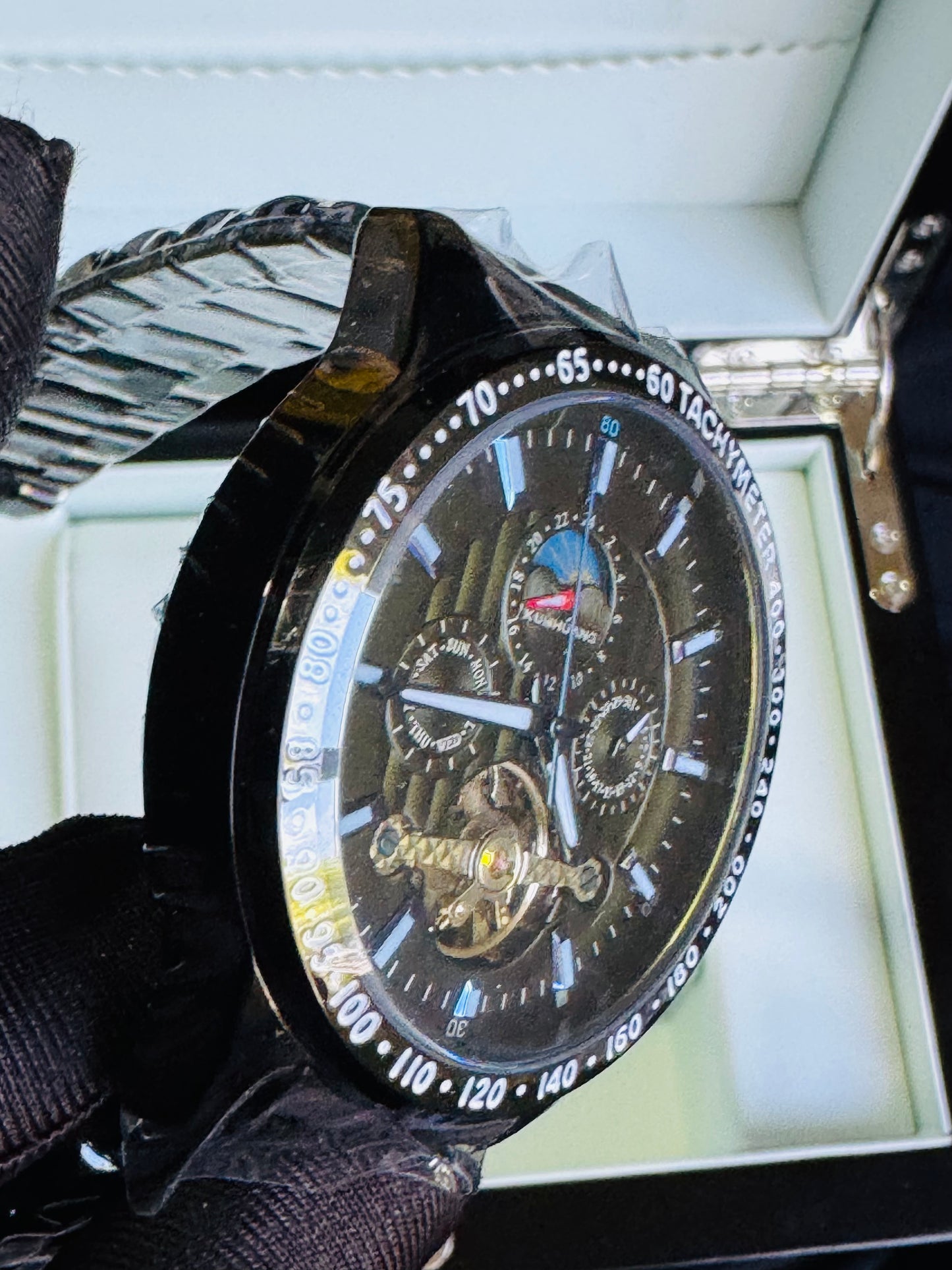 MULTINACIONAL RELOJ AUTOMÁTICO MECÁNICO-CALENDARIO 24 HRS LUNAR-TACÓMETRO-LUMINOSO-VENTANA TOURBILLON- DÍA DE LA SEMANA-CALENDARIO DIAL PEQUEÑO- ETC, ETC!