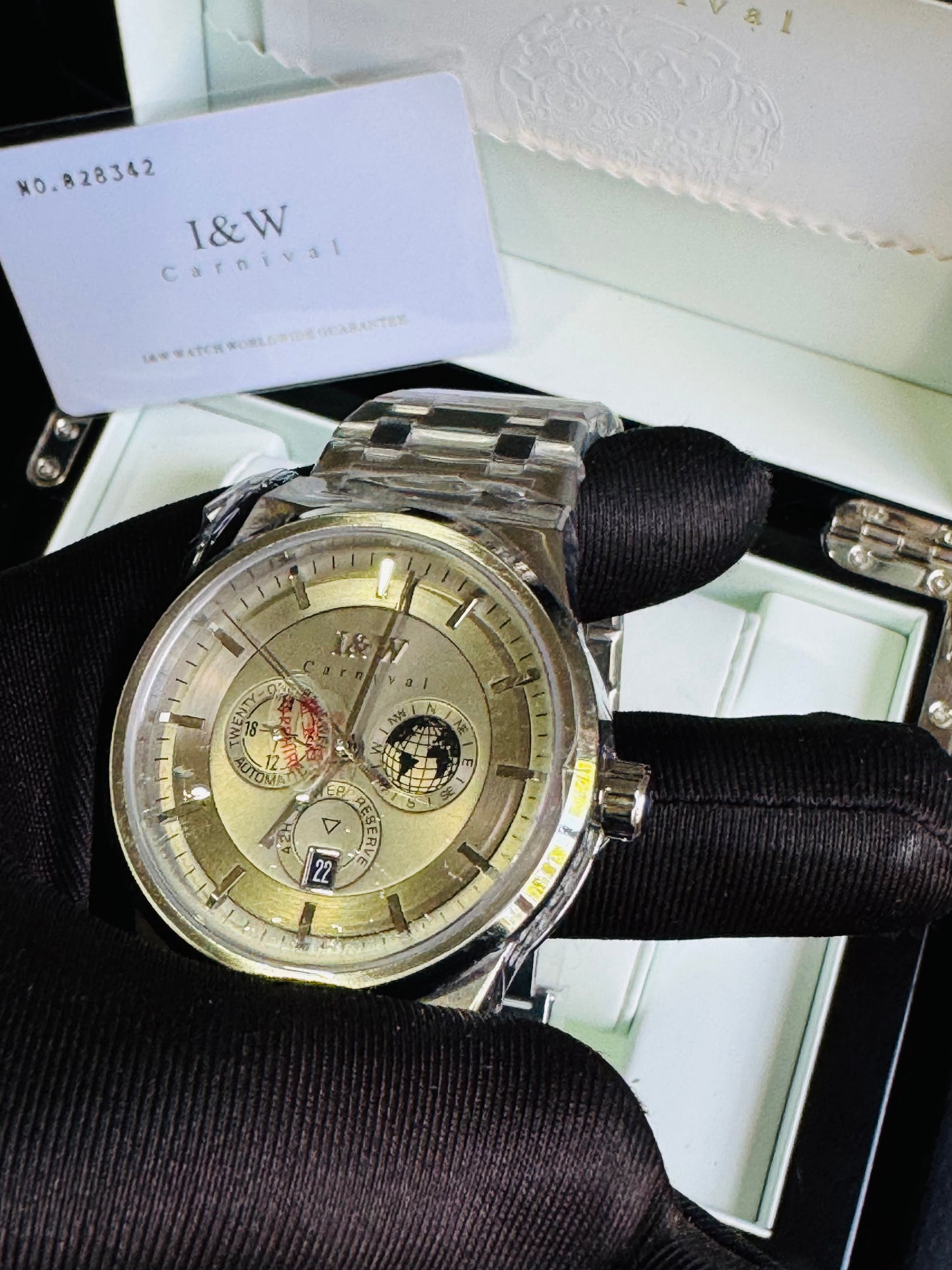 HERMOSO HE INTRINCADO DISEÑO!!!RELOJ I&W AUTOMATICO MECÁNICO-CALENDARIO -42 HORAS DE RESERVA DE CARGA-FECHADOR-DIAL 21 JOYAS 💎 RESISTENTE AL AGUA- ALTA CALIDAD!!! 💯% ORIGINAL