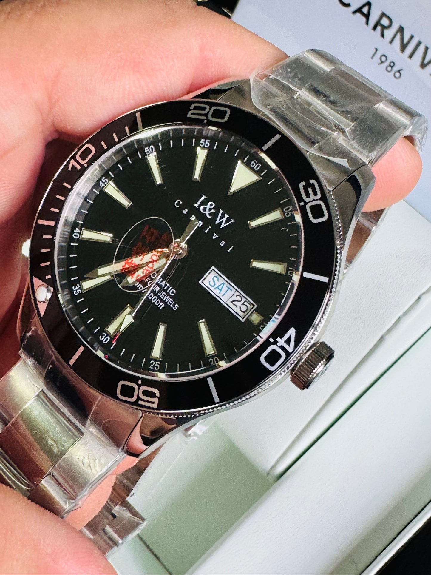 HERMOSO RELOJ AUTOMÁTICO MECÁNICO-BUCEO 1,000 FT-FECHADOR-DÍA SEMANA-CRISTAL ZAFIRO-24 JOYAS 💎-3 ATM -💯% ORIGINAL
