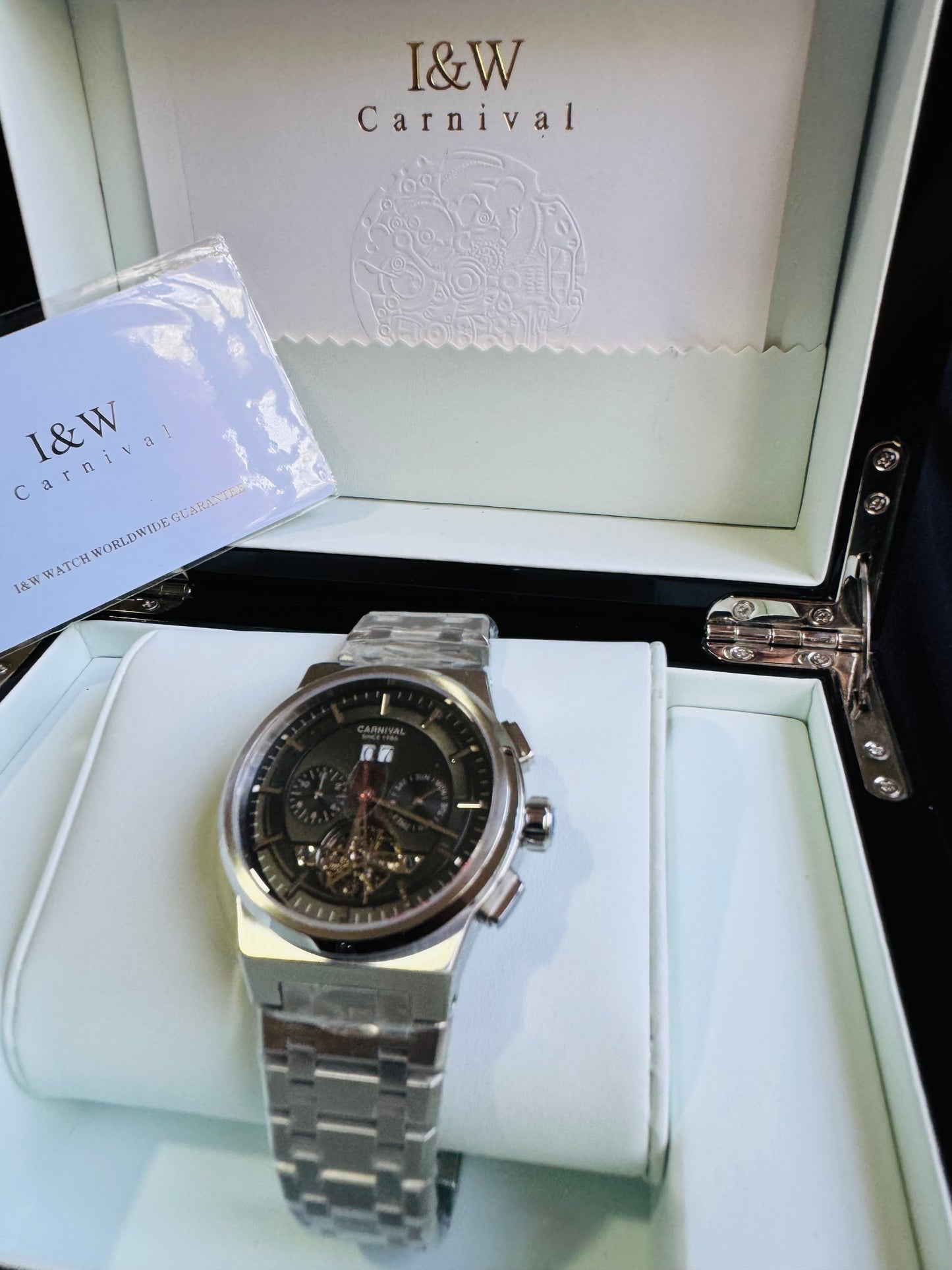 RELOJ I&W AUTOMATICO MECÁNICO-VENTANA TOURBILLON-CALENDARIO  MES-SEMANA-FECHADOR- HORAS PEQUEÑO DIAL JOYAS 💎 RESISTENTE AL AGUA- ALTA CALIDAD!!! 💯% ORIGINAL